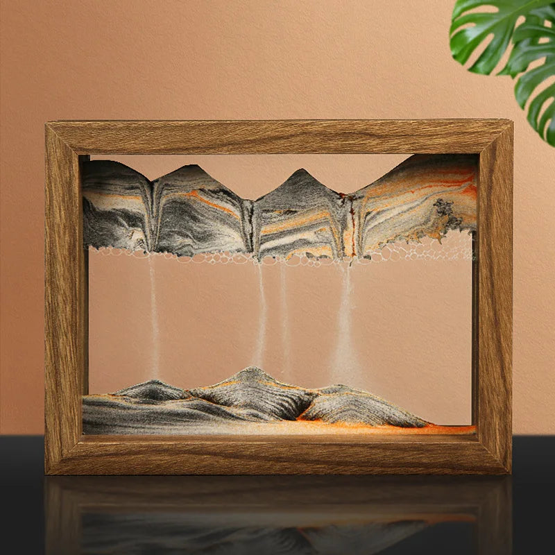 Gyroscopic wooden rotating frame with moving sand landscape