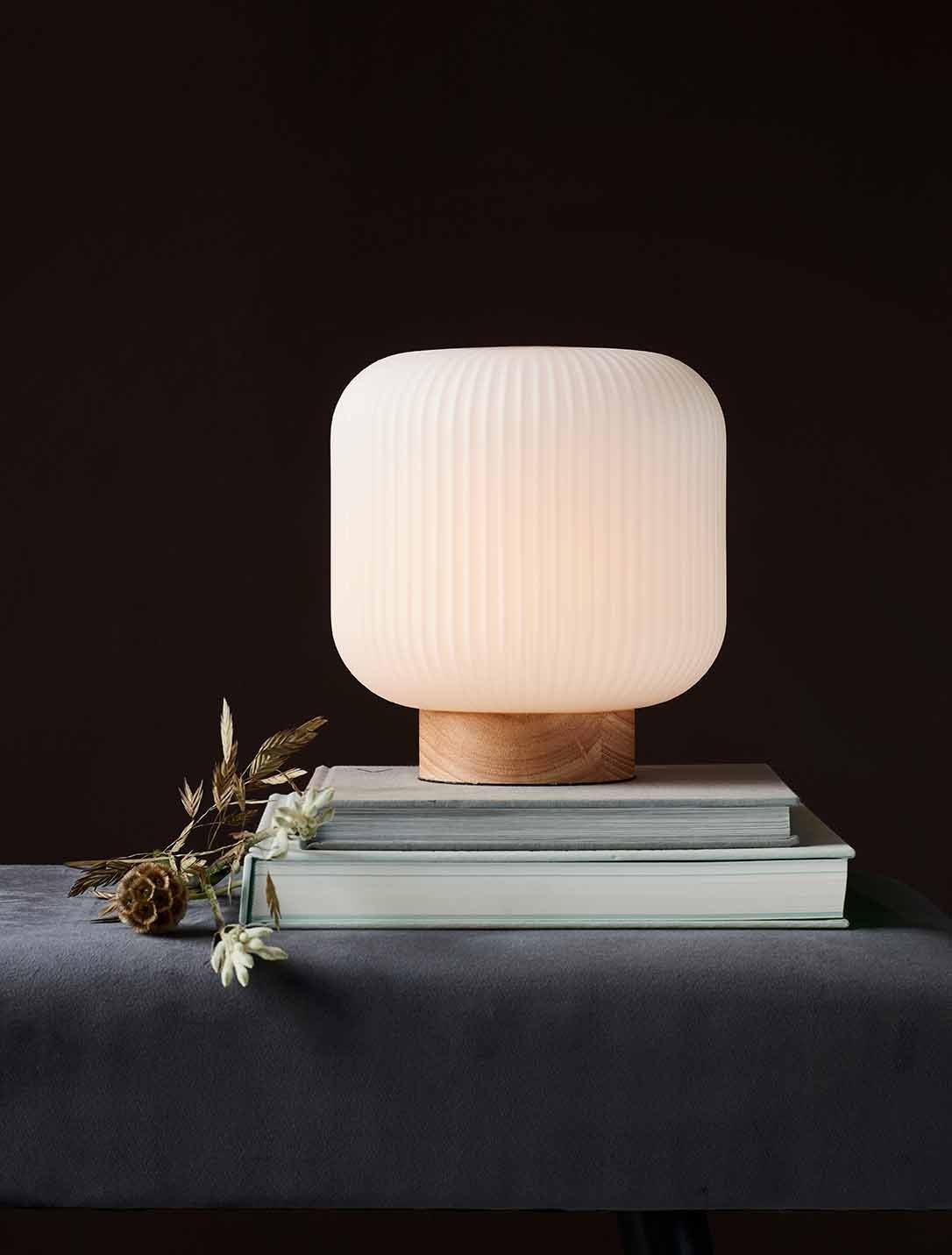 Table lamp with opal glass and wooden base