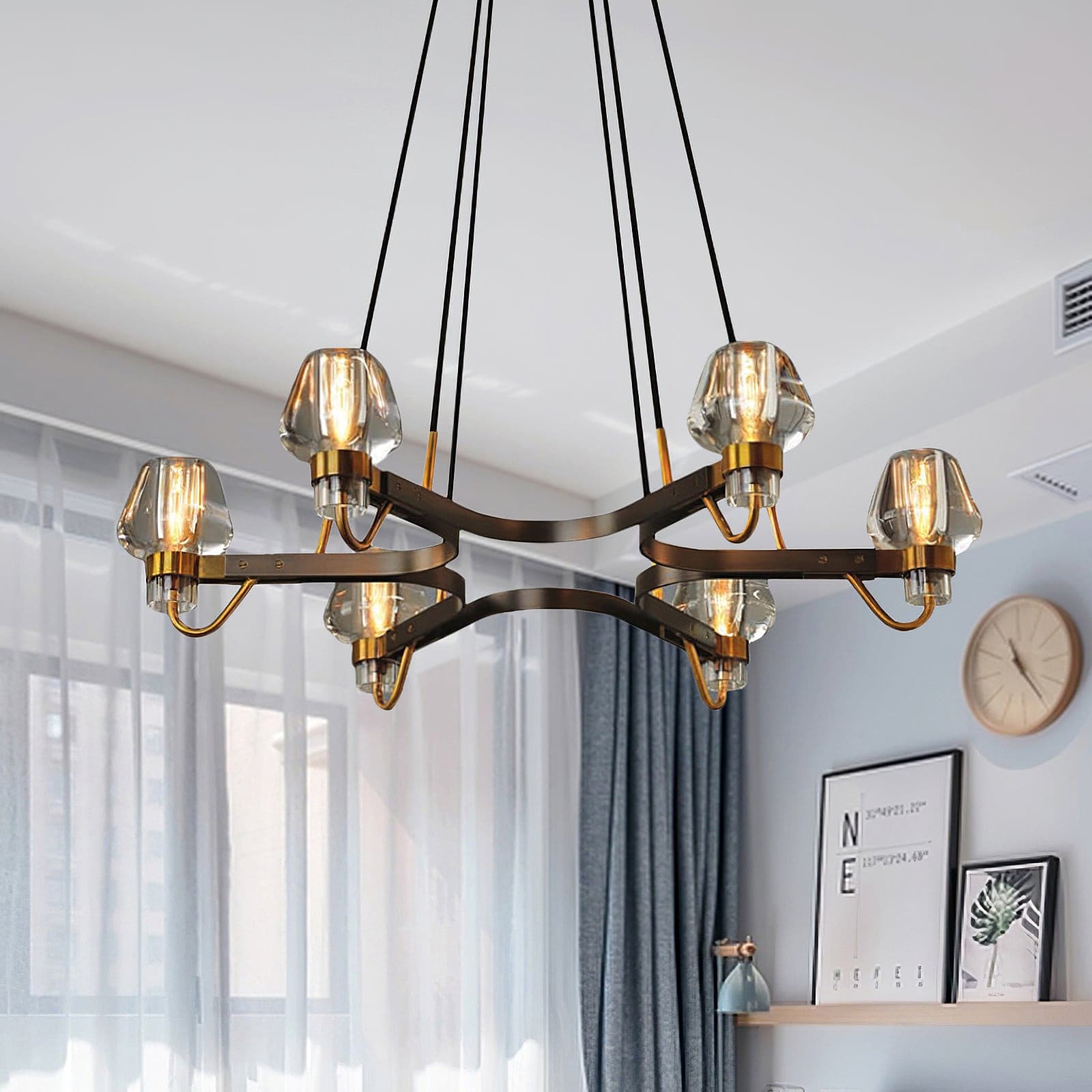 Modern Brass Chandelier with Crystal Shades – Ceiling Light for Dining & Living Room