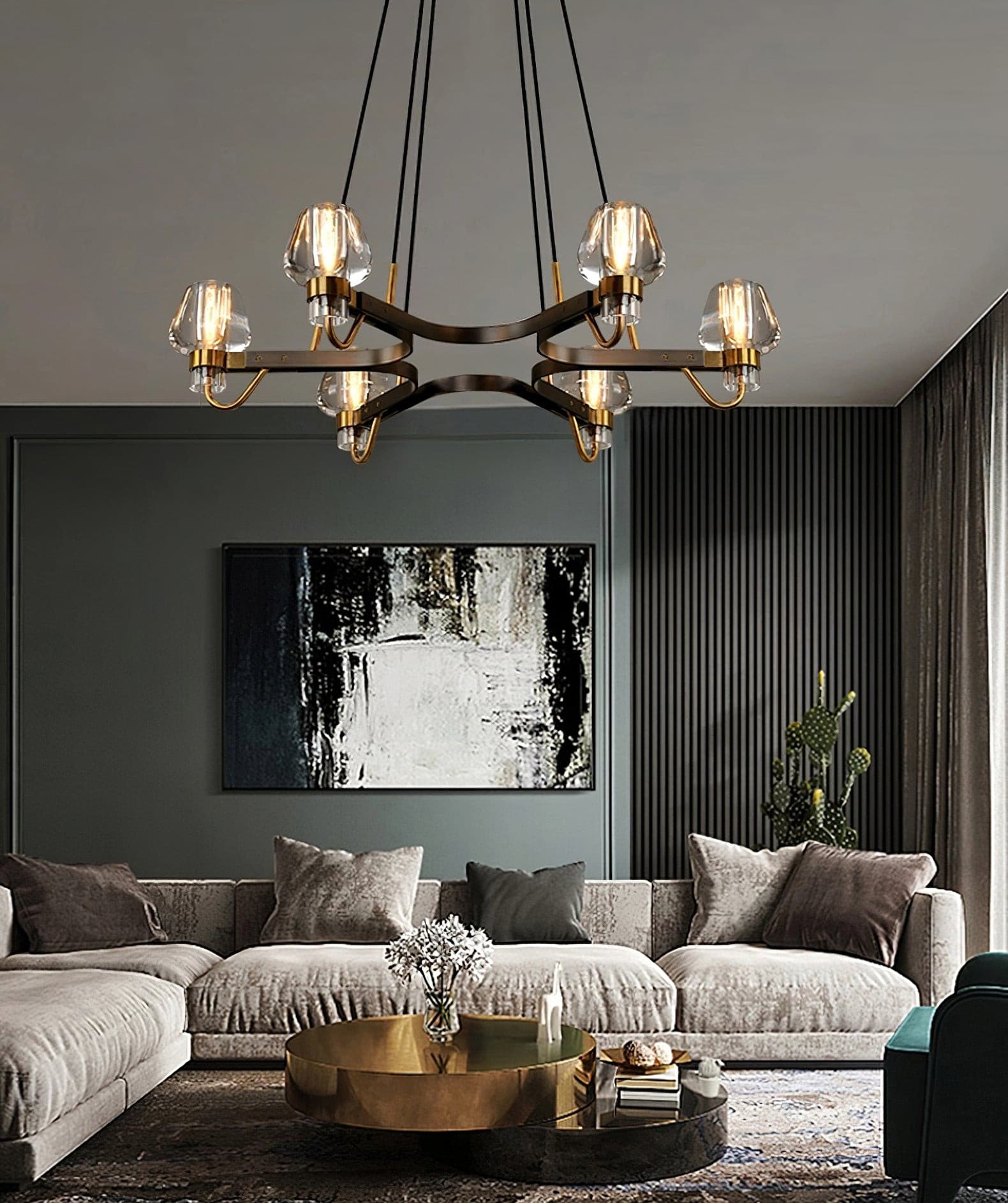 Modern Brass Chandelier with Crystal Shades – Ceiling Light for Dining & Living Room