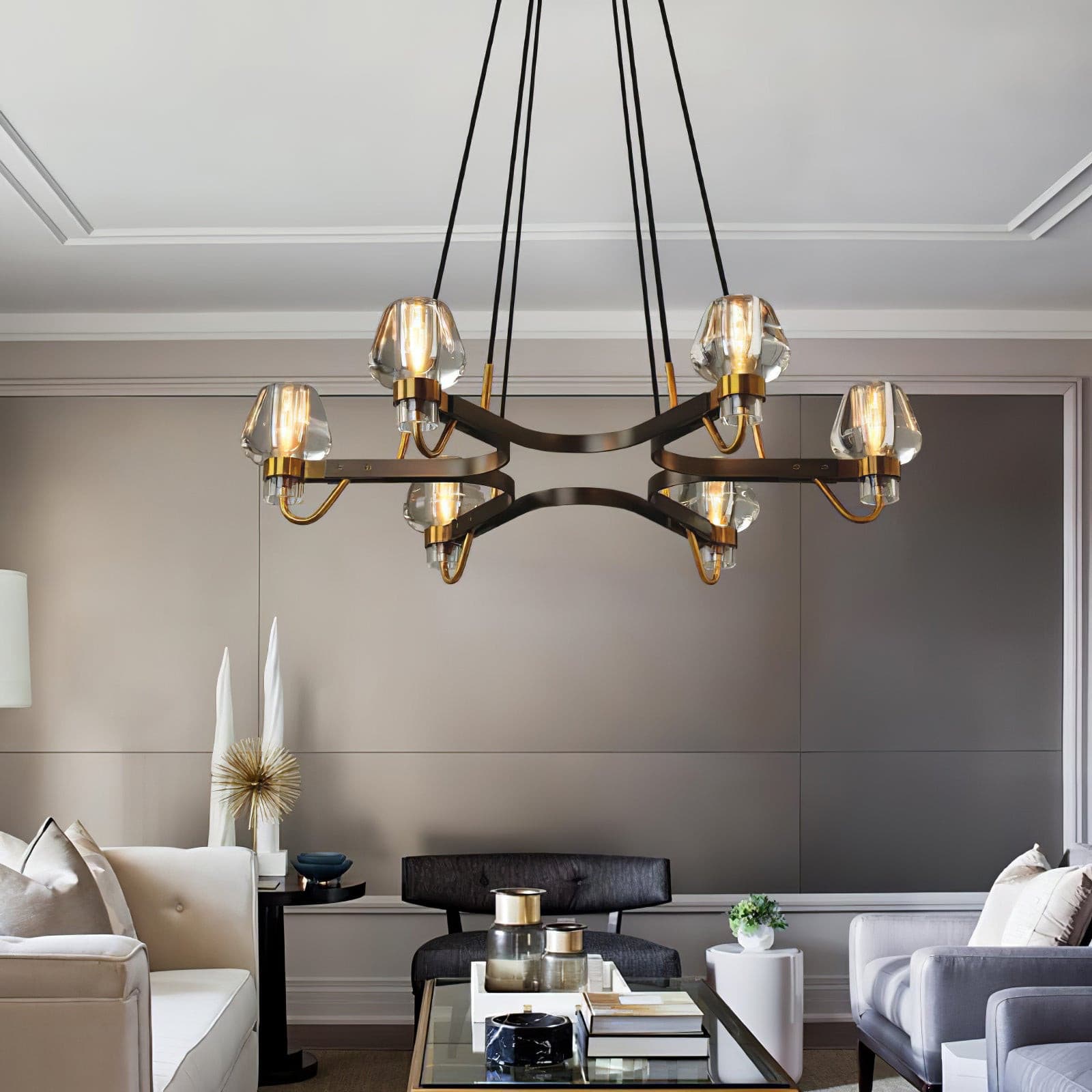 Modern Brass Chandelier with Crystal Shades – Ceiling Light for Dining & Living Room