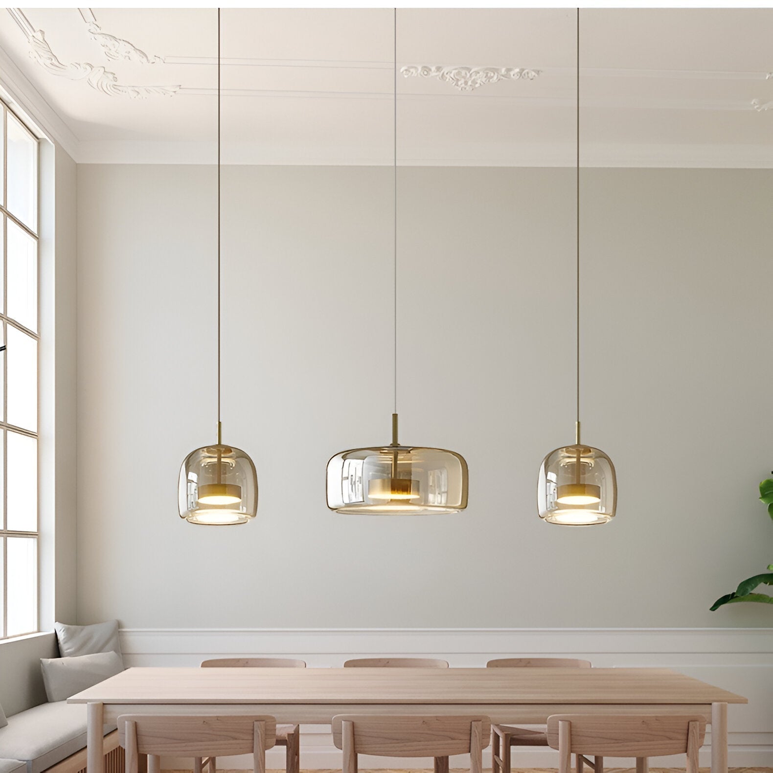 Retro Modern Glass LED Pendant Light Hand-Blown Trio with Adjustable Cord