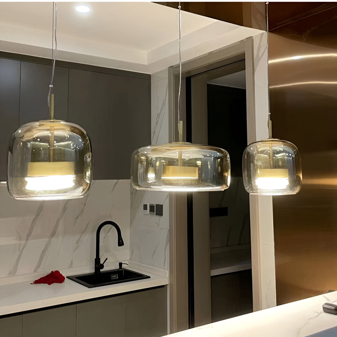 Retro Modern Glass LED Pendant Light Hand-Blown Trio with Adjustable Cord