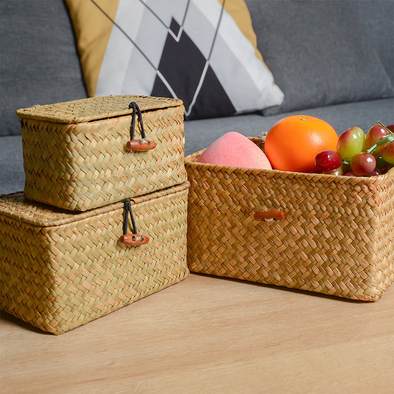 Natural Seagrass Basket Storage Box with Lid for Home Organization