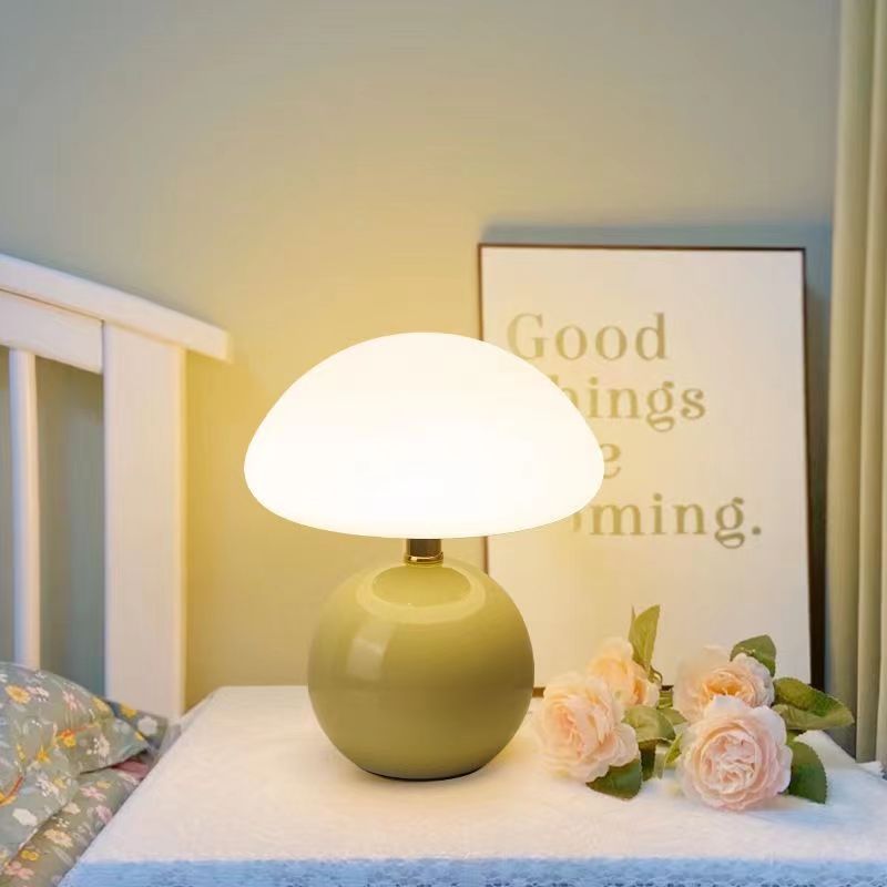 French Cream Mushroom Bedside Lamp in Retro Bauhaus Style