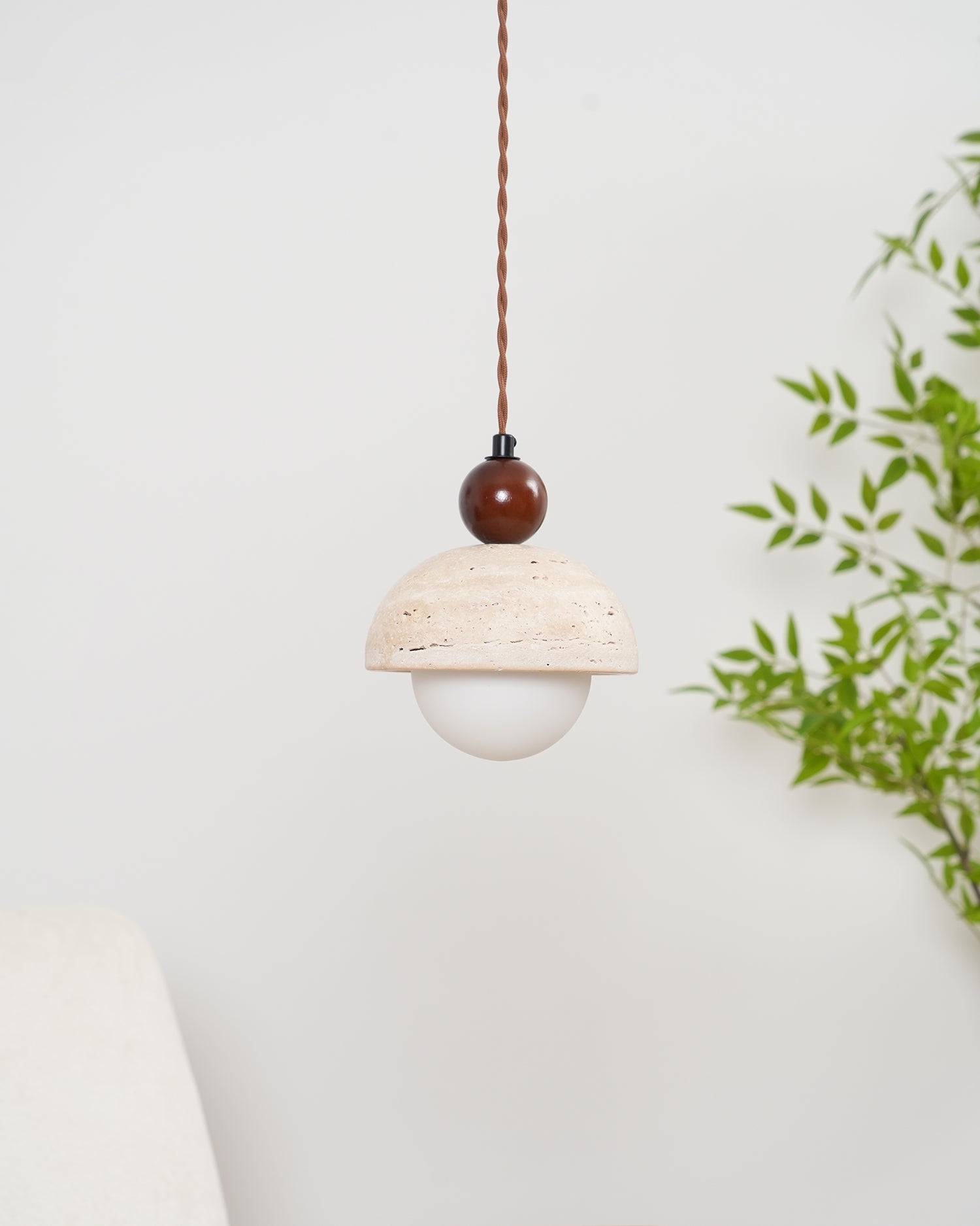 Travertine Pendant Light with Glass Globe – Modern Stone Ceiling Lamp
