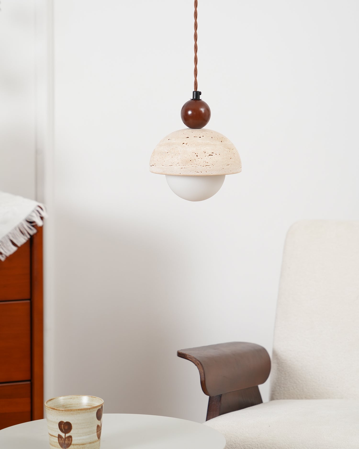 Travertine Pendant Light with Glass Globe – Modern Stone Ceiling Lamp