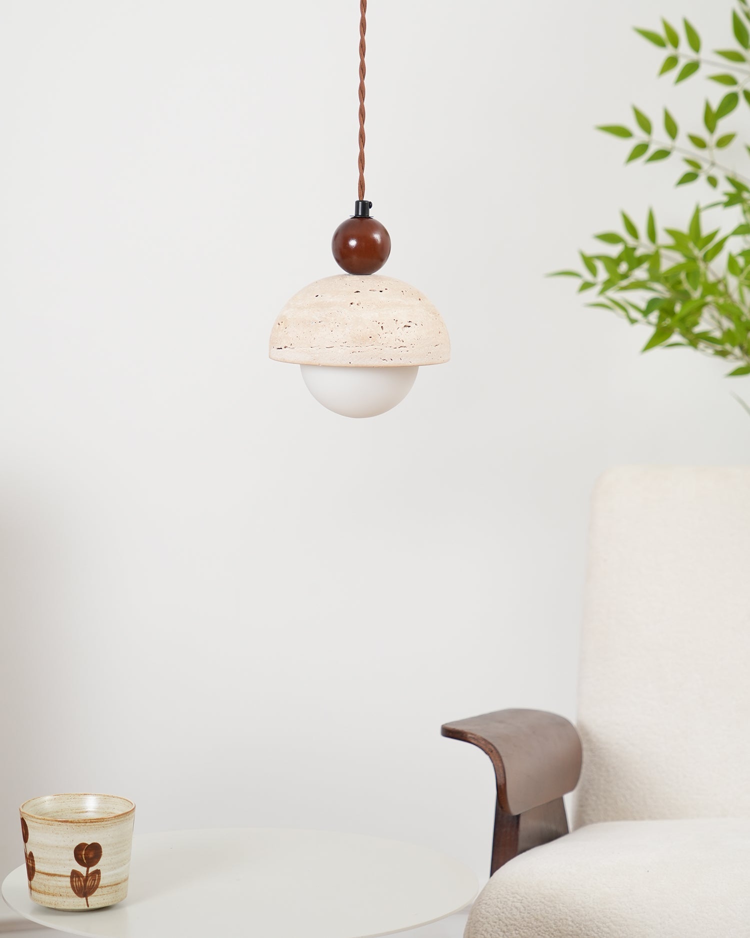 Travertine Pendant Light with Glass Globe – Modern Stone Ceiling Lamp