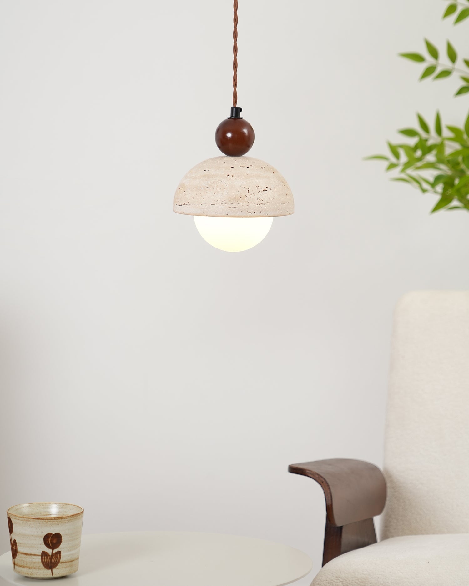 Travertine Pendant Light with Glass Globe – Modern Stone Ceiling Lamp