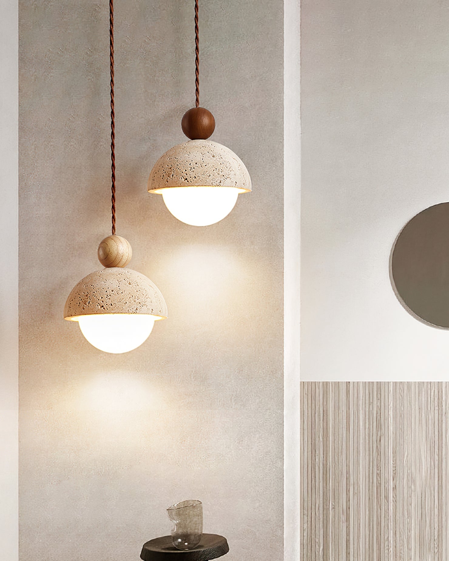 Travertine Pendant Light with Glass Globe – Modern Stone Ceiling Lamp