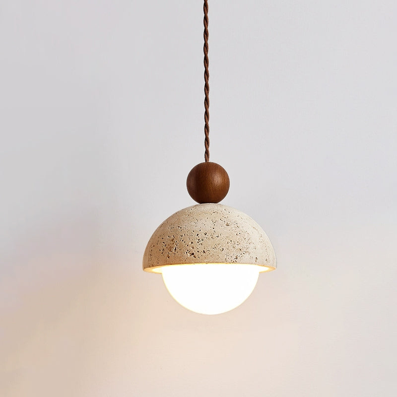 Travertine Pendant Light with Glass Globe – Modern Stone Ceiling Lamp