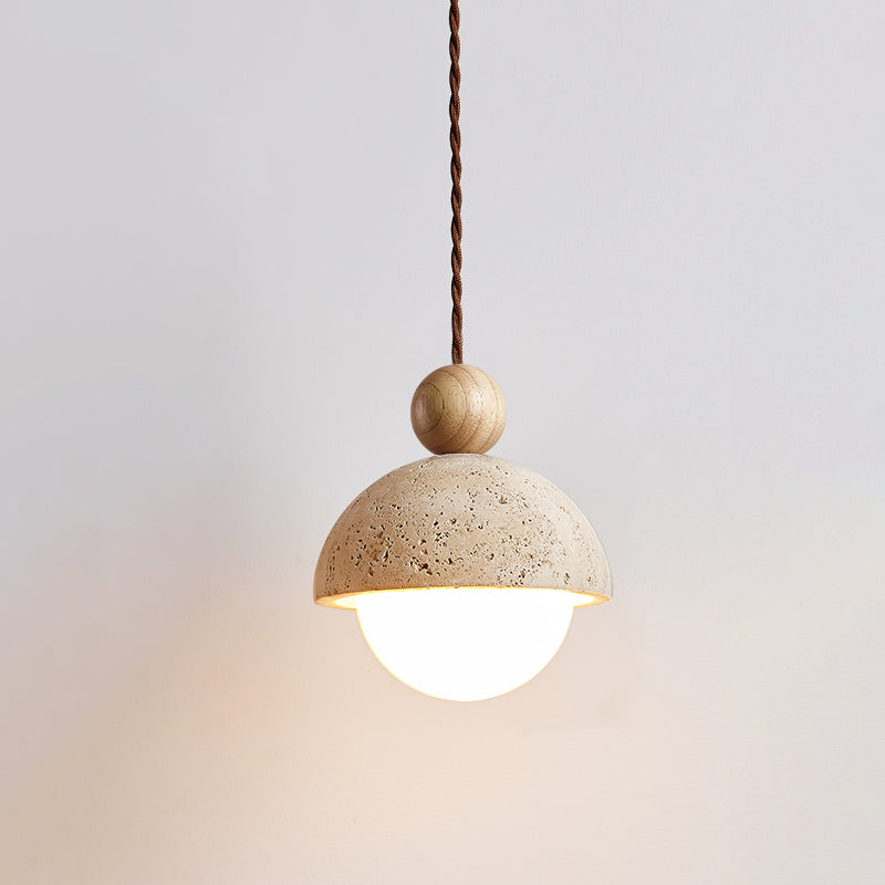 Travertine Pendant Light with Glass Globe – Modern Stone Ceiling Lamp