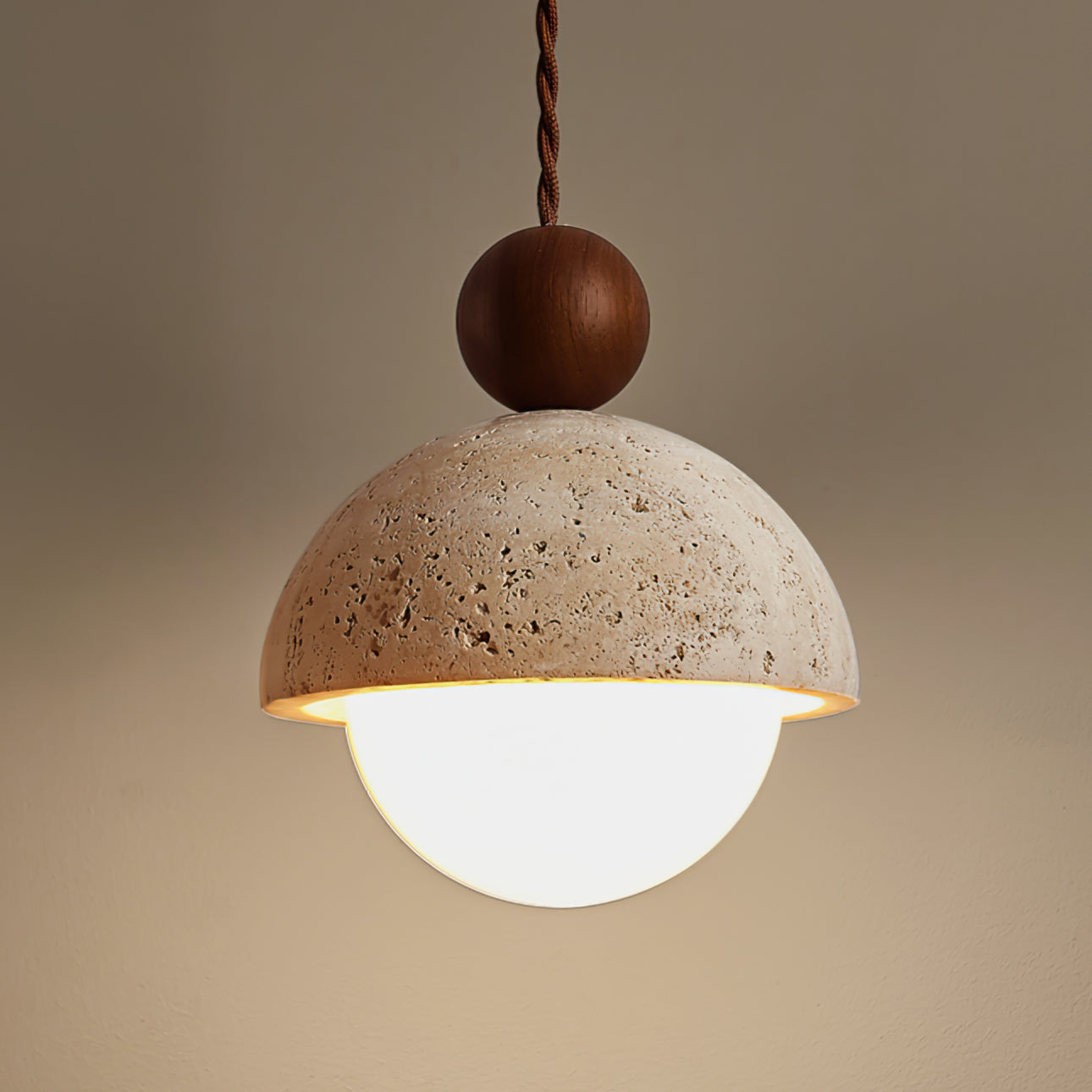Travertine Pendant Light with Glass Globe – Modern Stone Ceiling Lamp