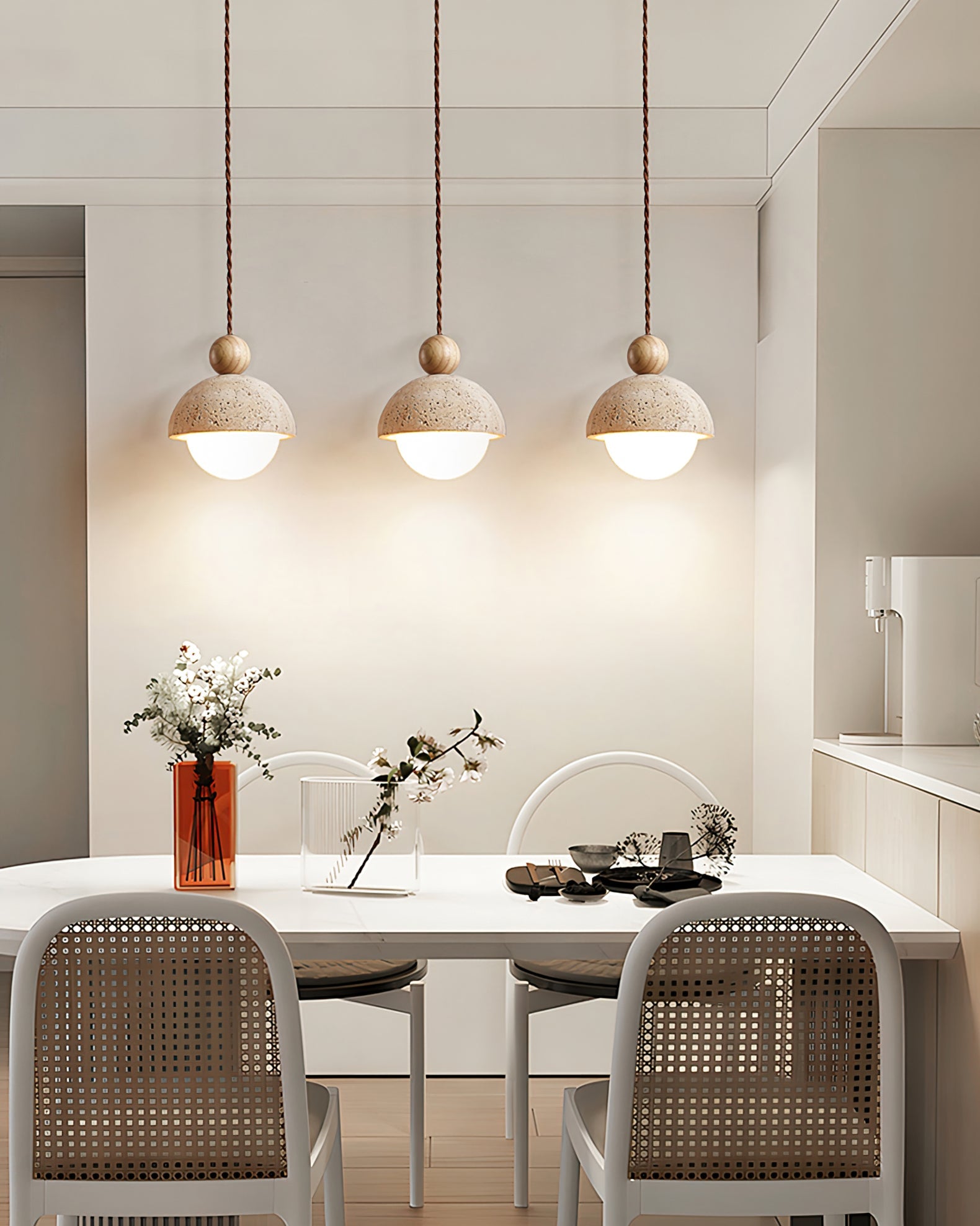 Travertine Pendant Light with Glass Globe – Modern Stone Ceiling Lamp