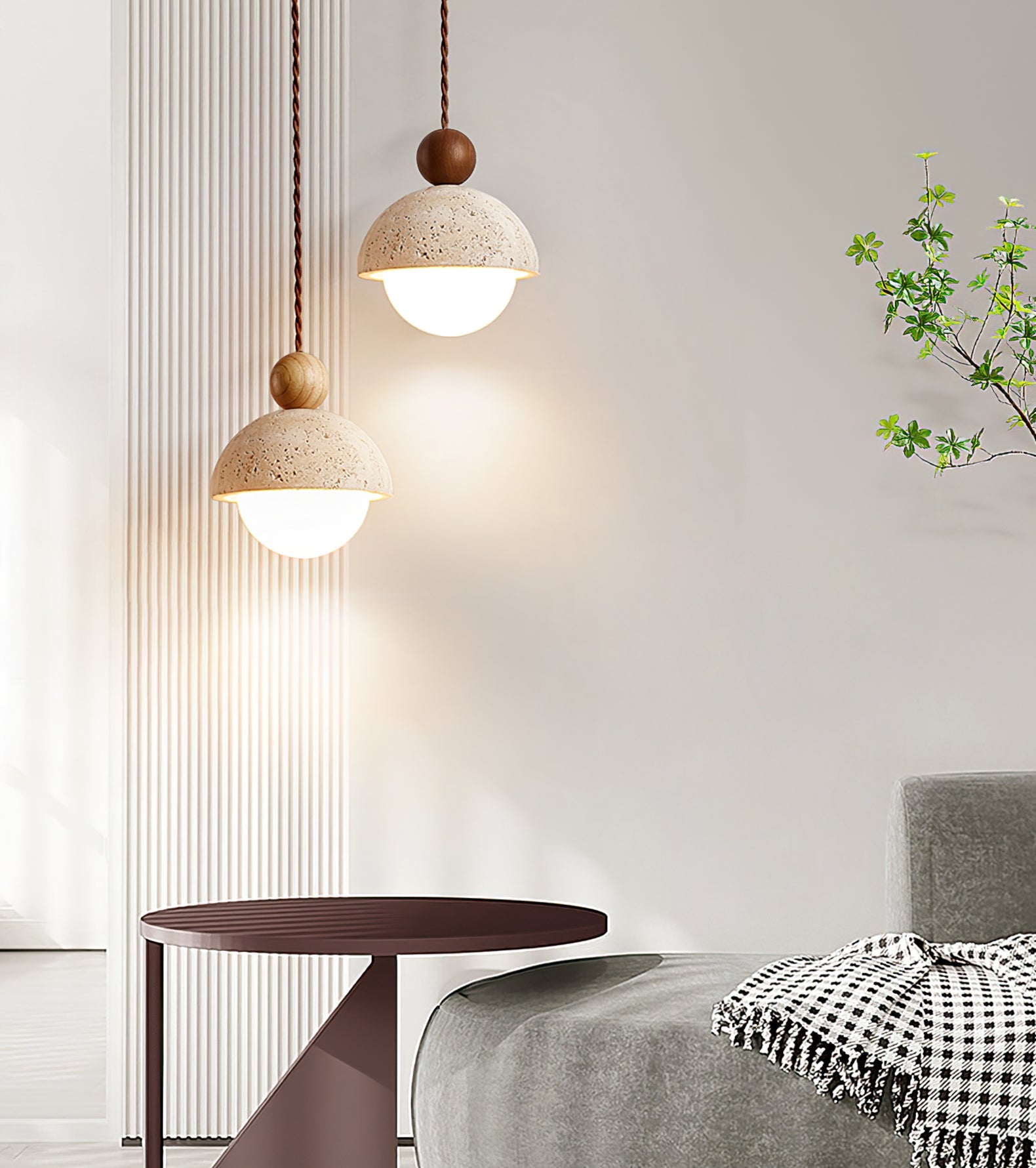 Travertine Pendant Light with Glass Globe – Modern Stone Ceiling Lamp