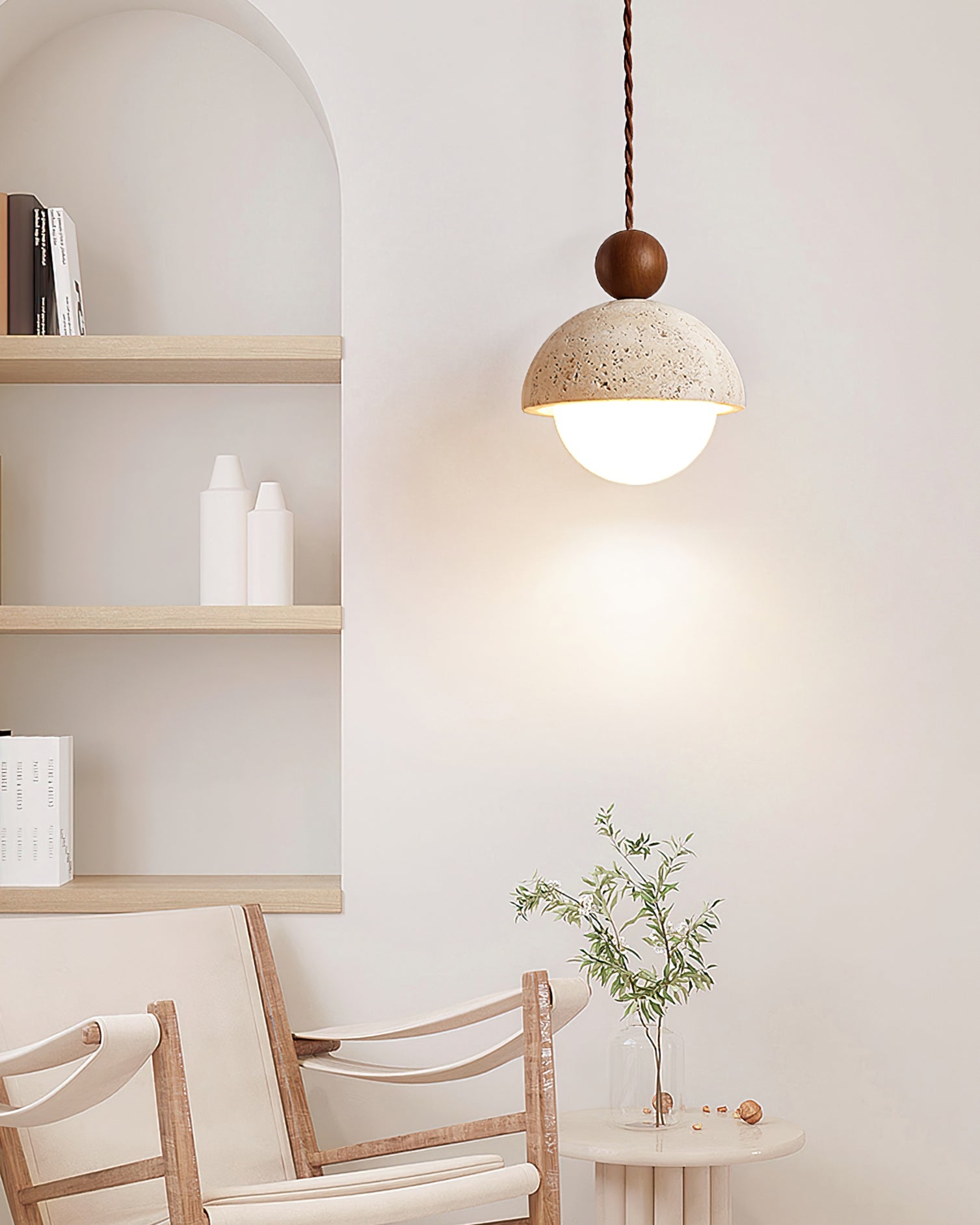 Travertine Pendant Light with Glass Globe – Modern Stone Ceiling Lamp