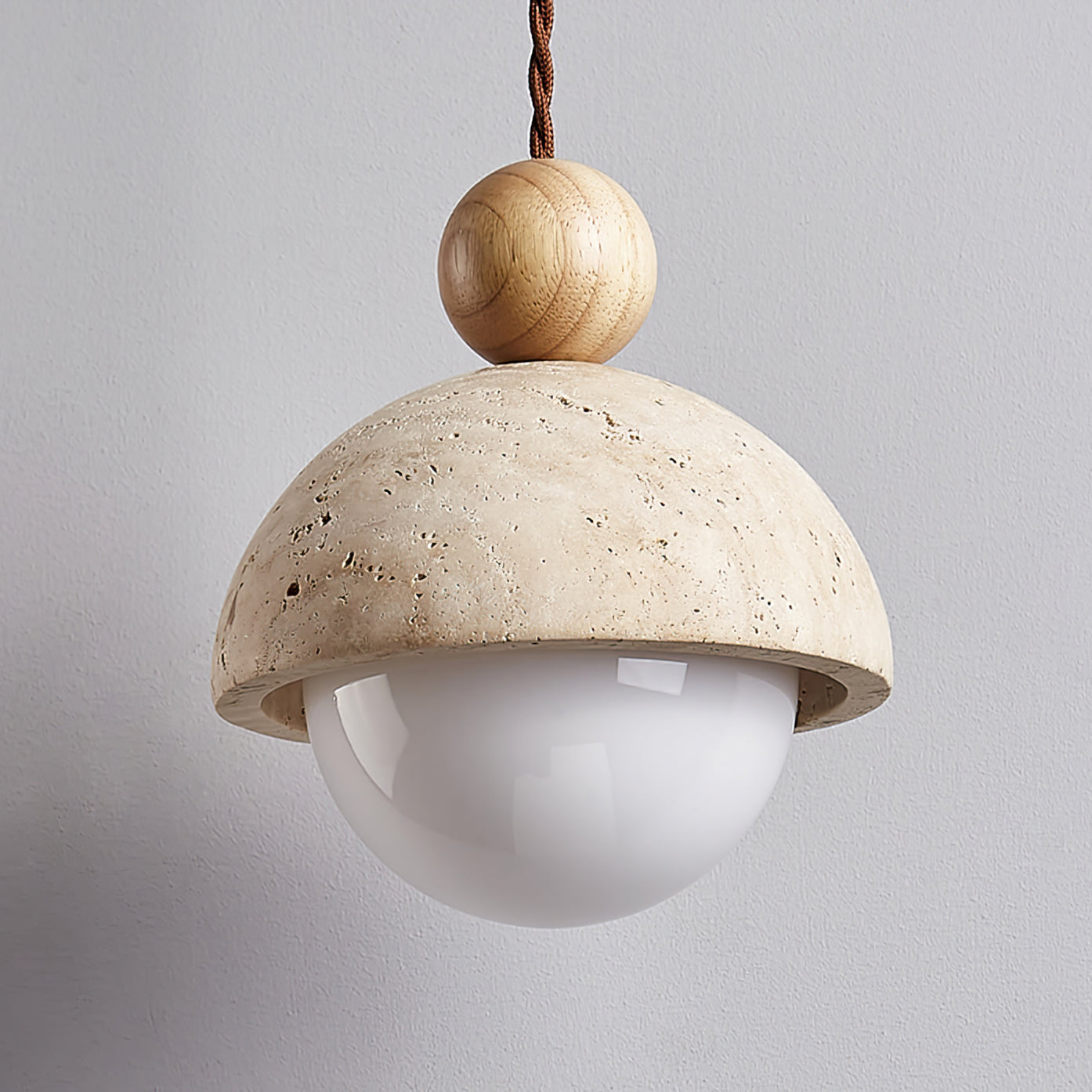 Travertine Pendant Light with Glass Globe – Modern Stone Ceiling Lamp
