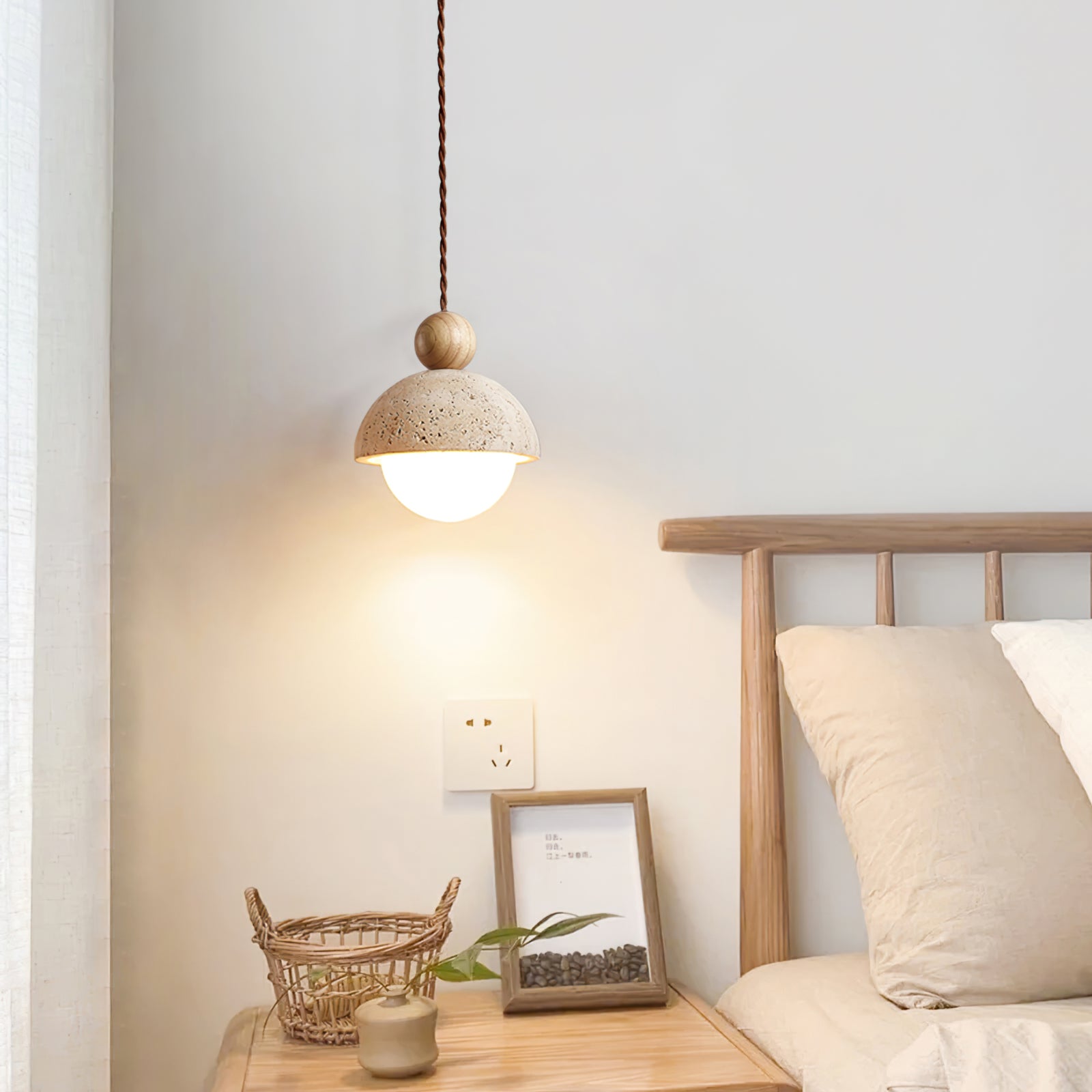 Travertine Pendant Light with Glass Globe – Modern Stone Ceiling Lamp