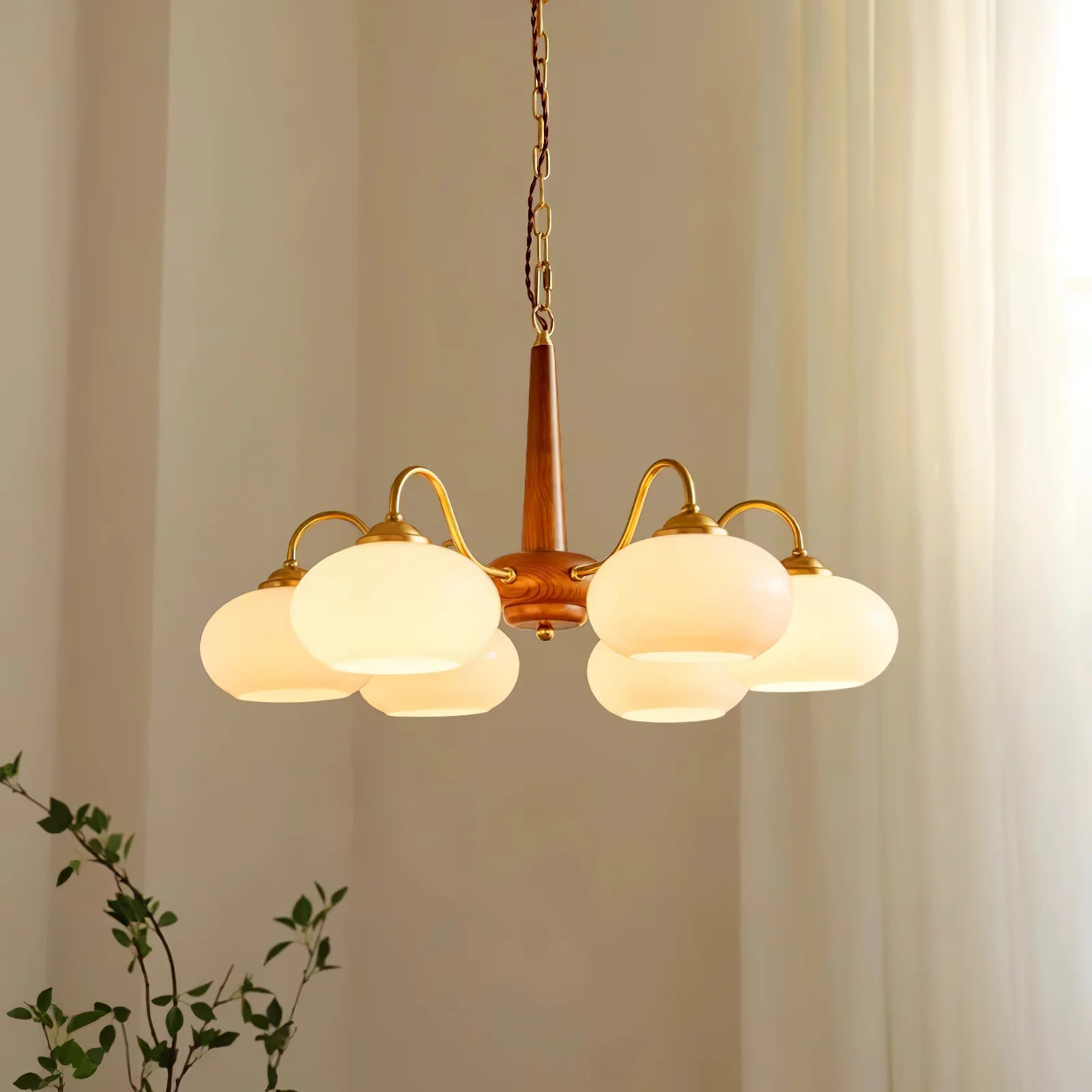 Vintage Wood Glass Mid-Century Retro Glass Chandeliers