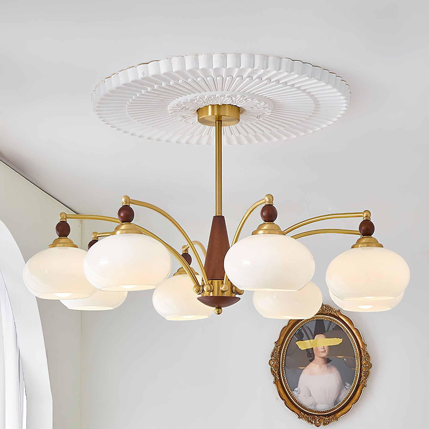 Retro Chandelier Cluster in Vintage Wood & Brass