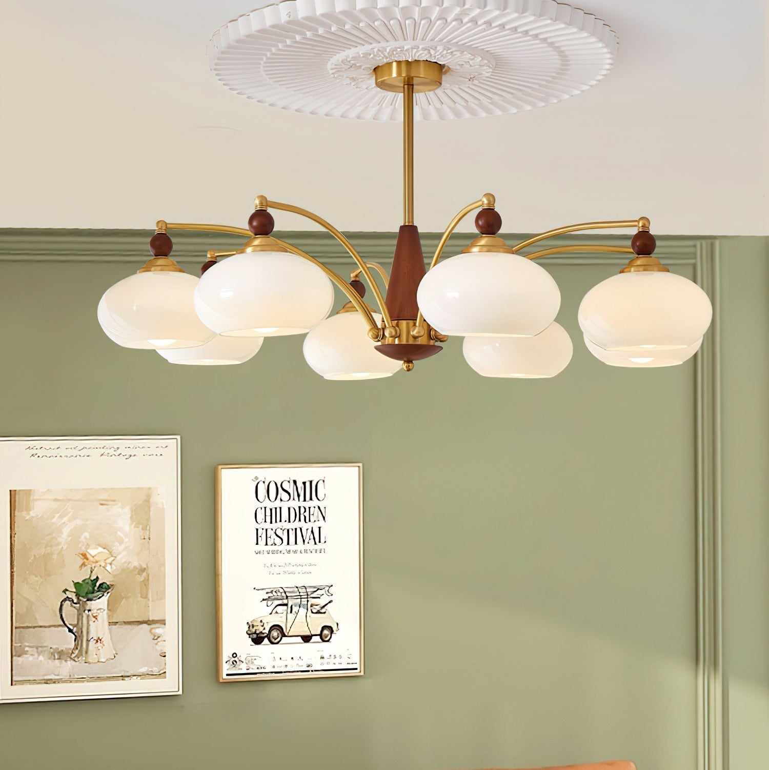 Retro Chandelier Cluster in Vintage Wood & Brass