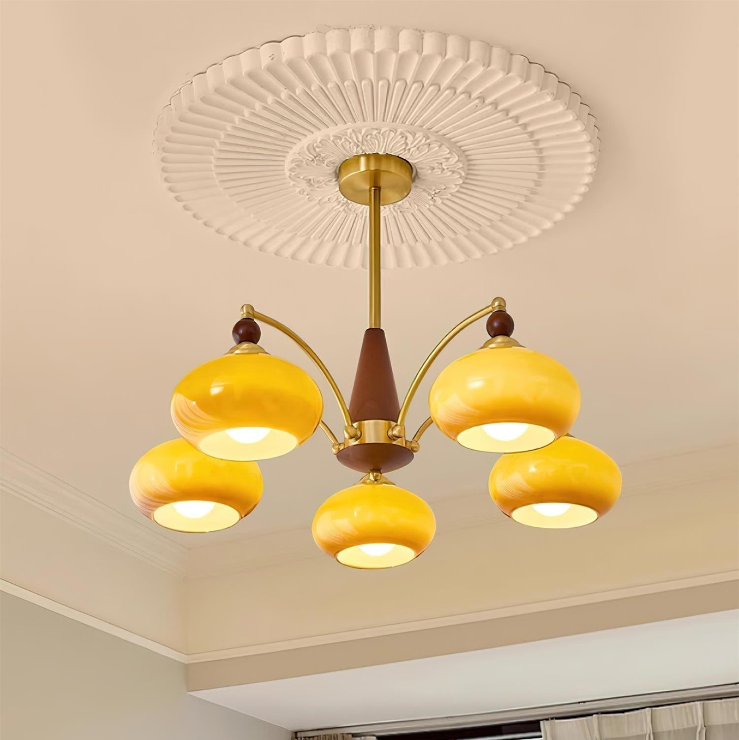 Retro Chandelier Cluster in Vintage Wood & Brass