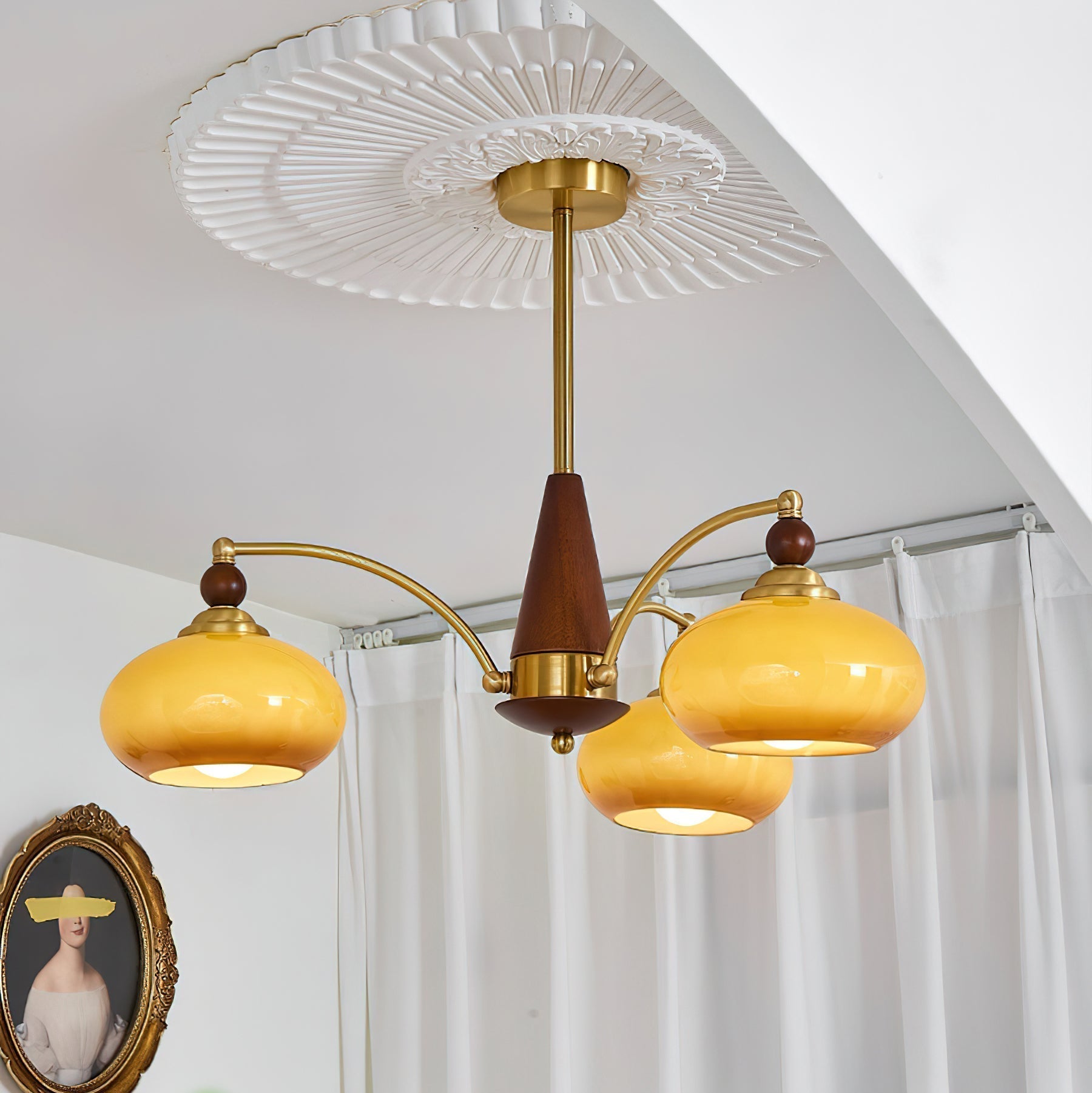Retro Chandelier Cluster in Vintage Wood & Brass
