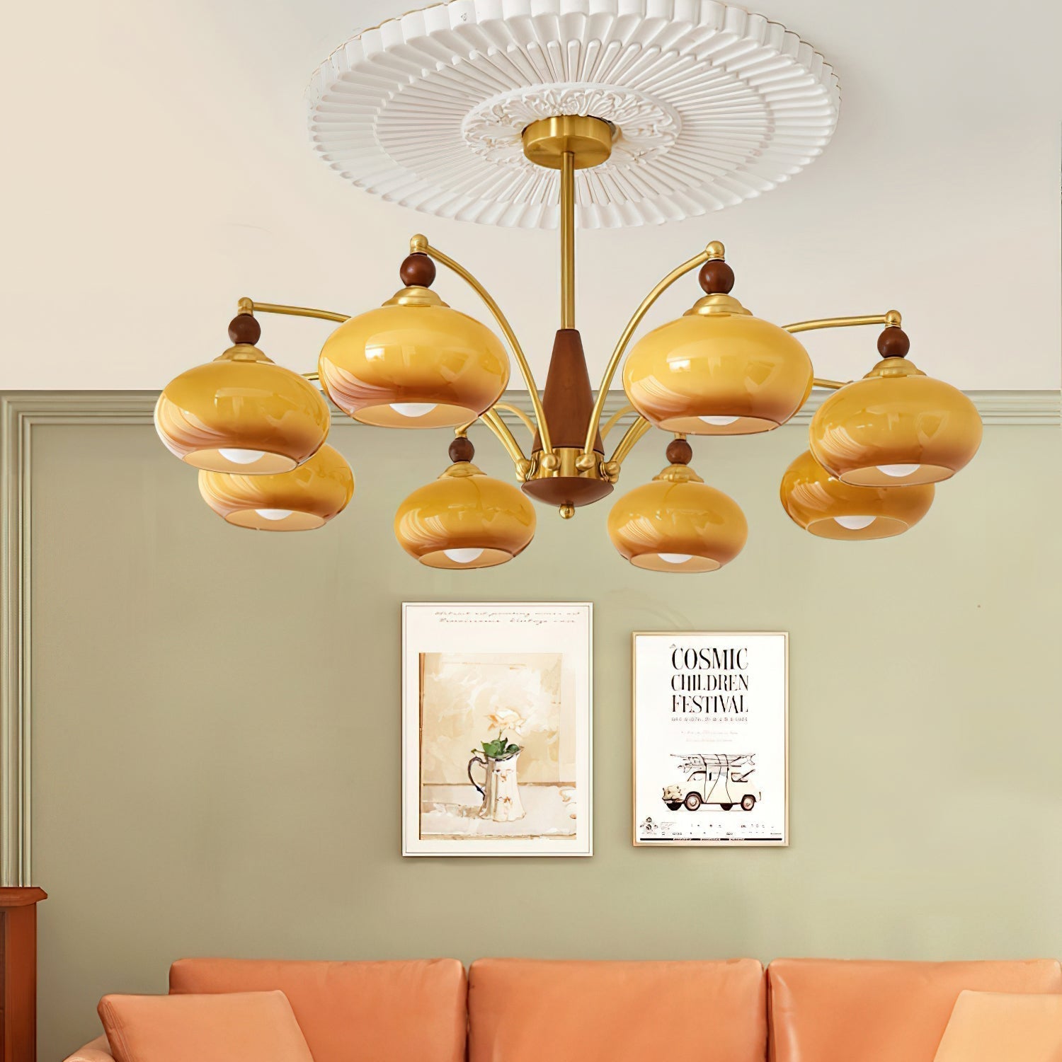 Retro Chandelier Cluster in Vintage Wood & Brass