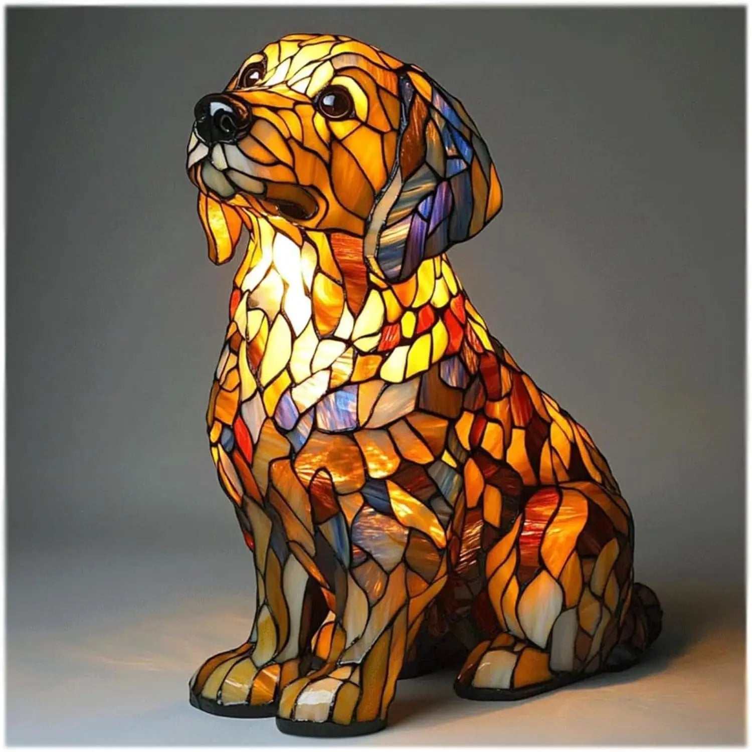 Decorative Fantasy Cute Dog Stained Glass Table Lamp – Artistic Colorful Lighting