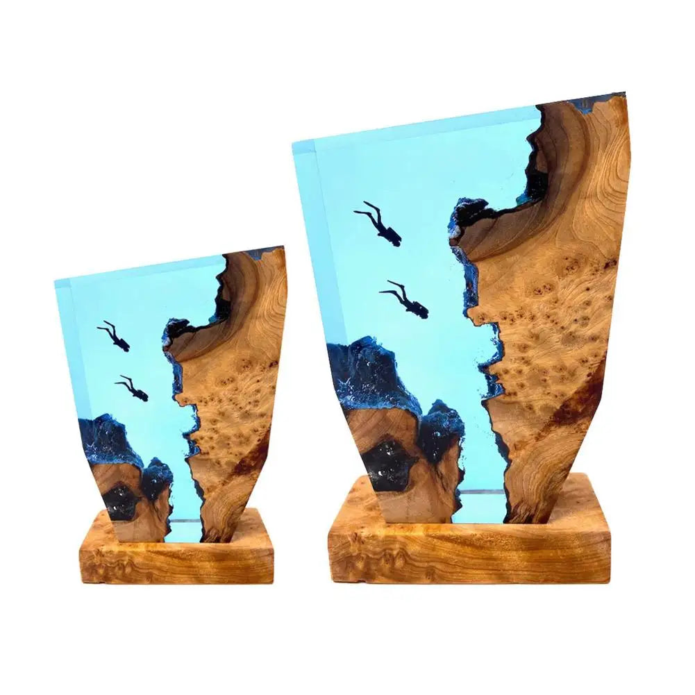 Ocean depth diving lamp in resin and wood