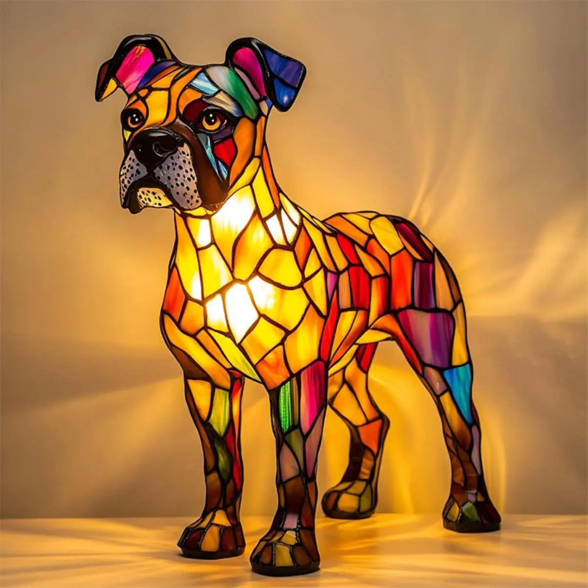 Decorative Fantasy Cute Dog Stained Glass Table Lamp – Artistic Colorful Lighting