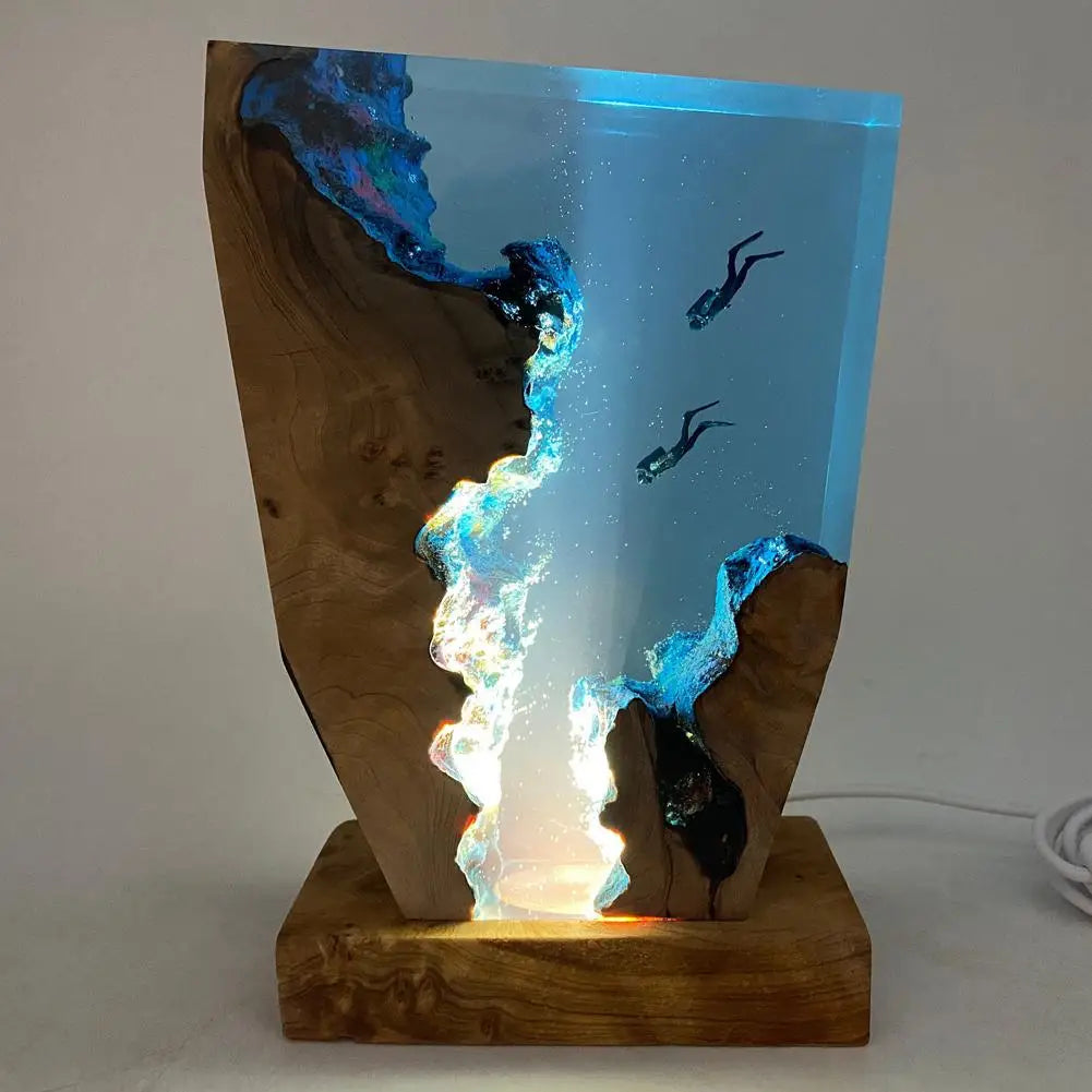 Ocean depth diving lamp in resin and wood
