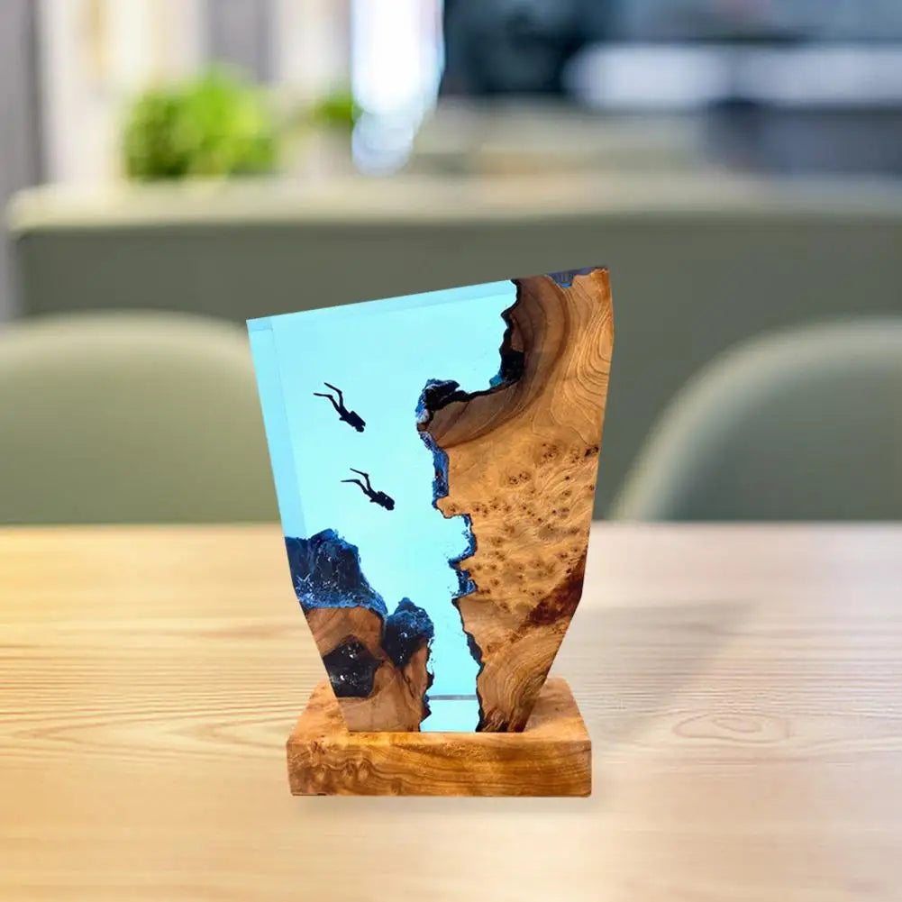 Ocean depth diving lamp in resin and wood