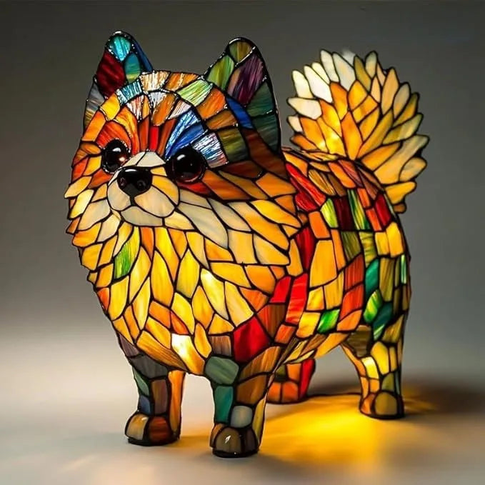 Decorative Fantasy Cute Dog Stained Glass Table Lamp – Artistic Colorful Lighting