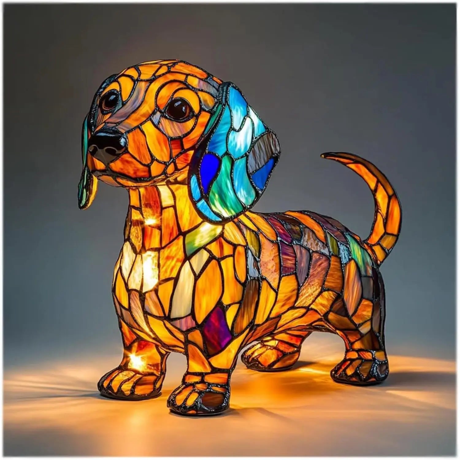 Decorative Fantasy Cute Dog Stained Glass Table Lamp – Artistic Colorful Lighting