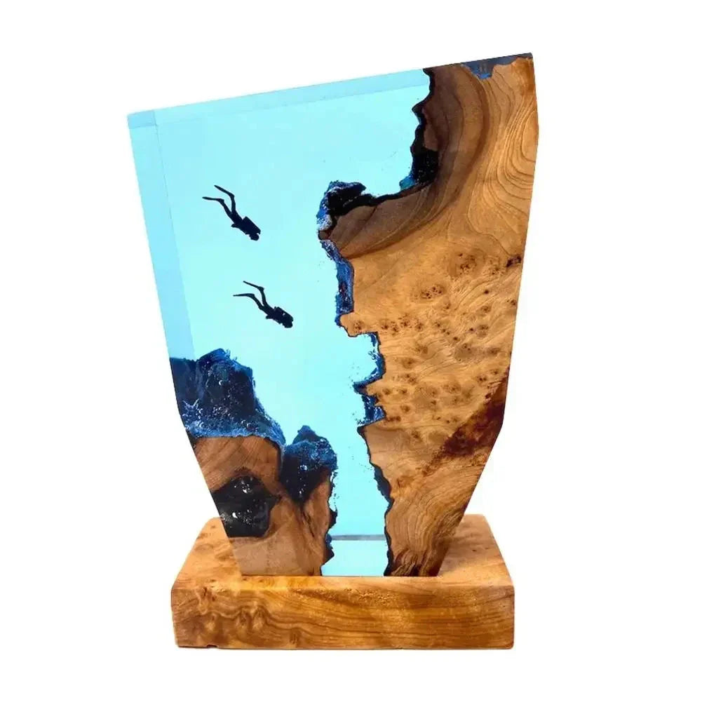 Ocean depth diving lamp in resin and wood
