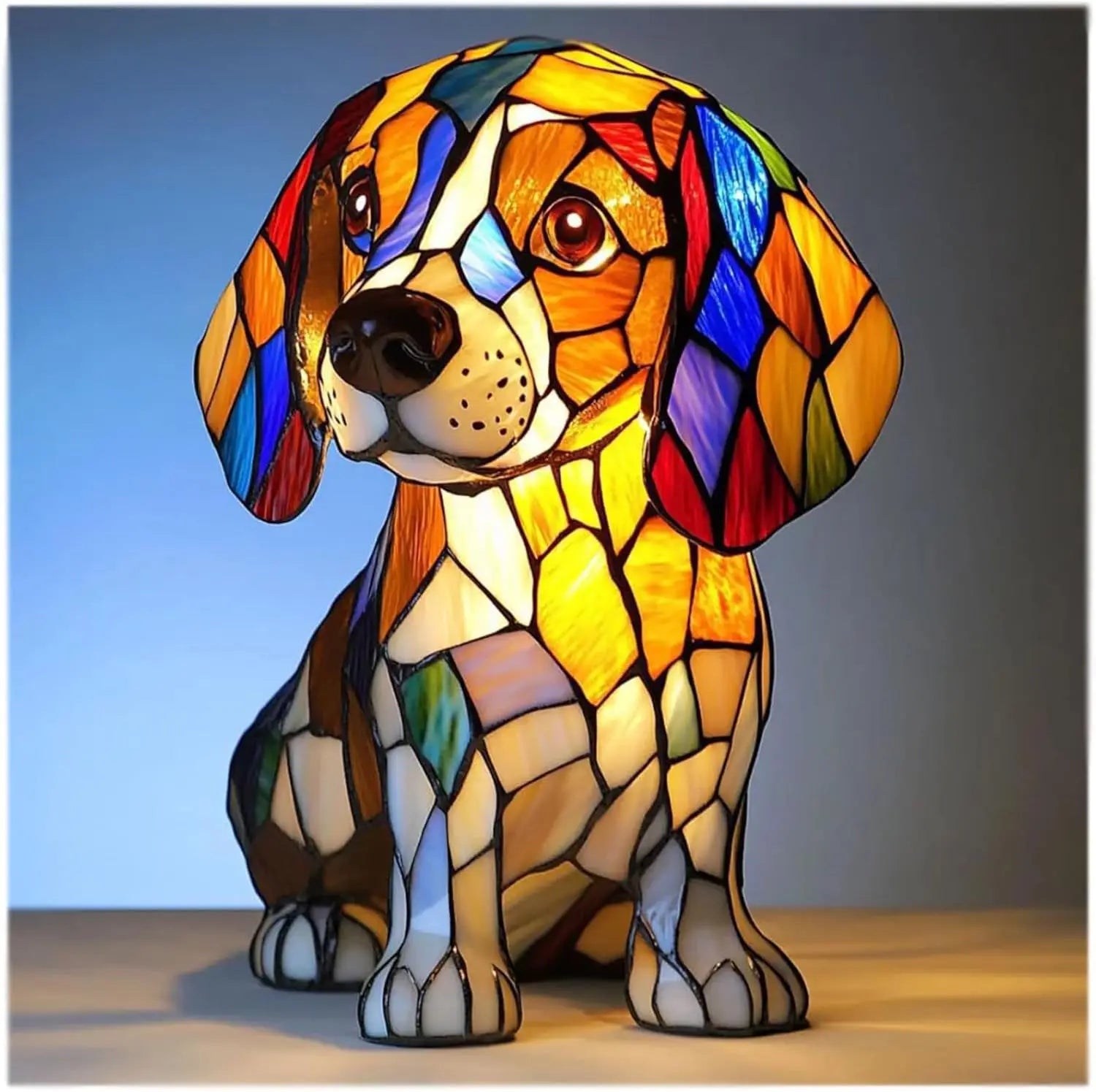 Decorative Fantasy Cute Dog Stained Glass Table Lamp – Artistic Colorful Lighting