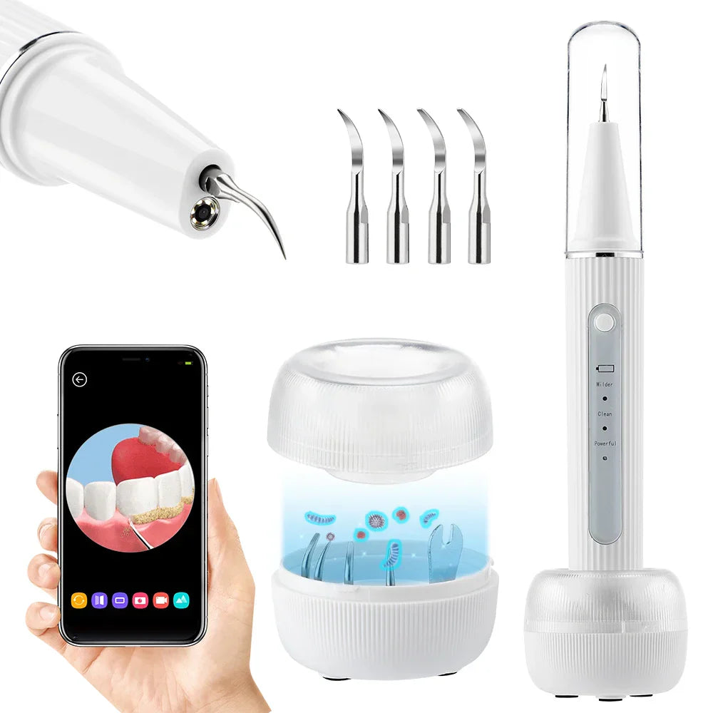 Ultrasone tooth cleaner with LED light and precision attachments