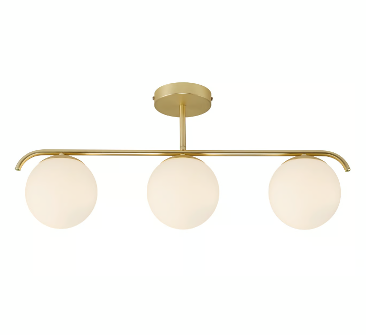 Ceiling lamp with three glass globes and golden frame