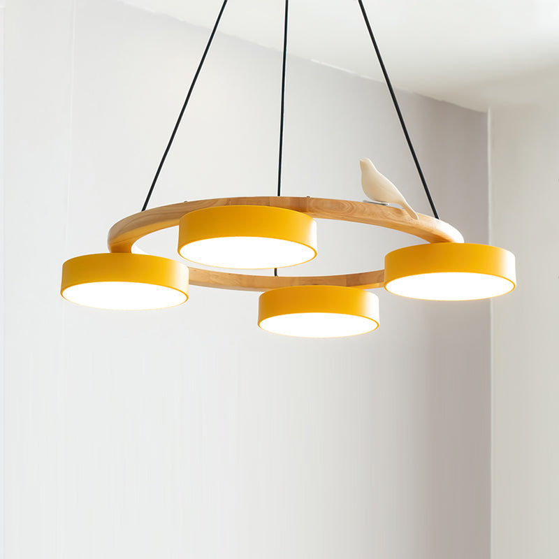 Nature-Inspired Bird Chandelier Round Wooden Frame with LED