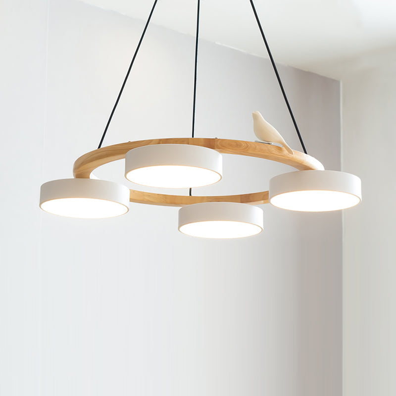 Nature-Inspired Bird Chandelier Round Wooden Frame with LED
