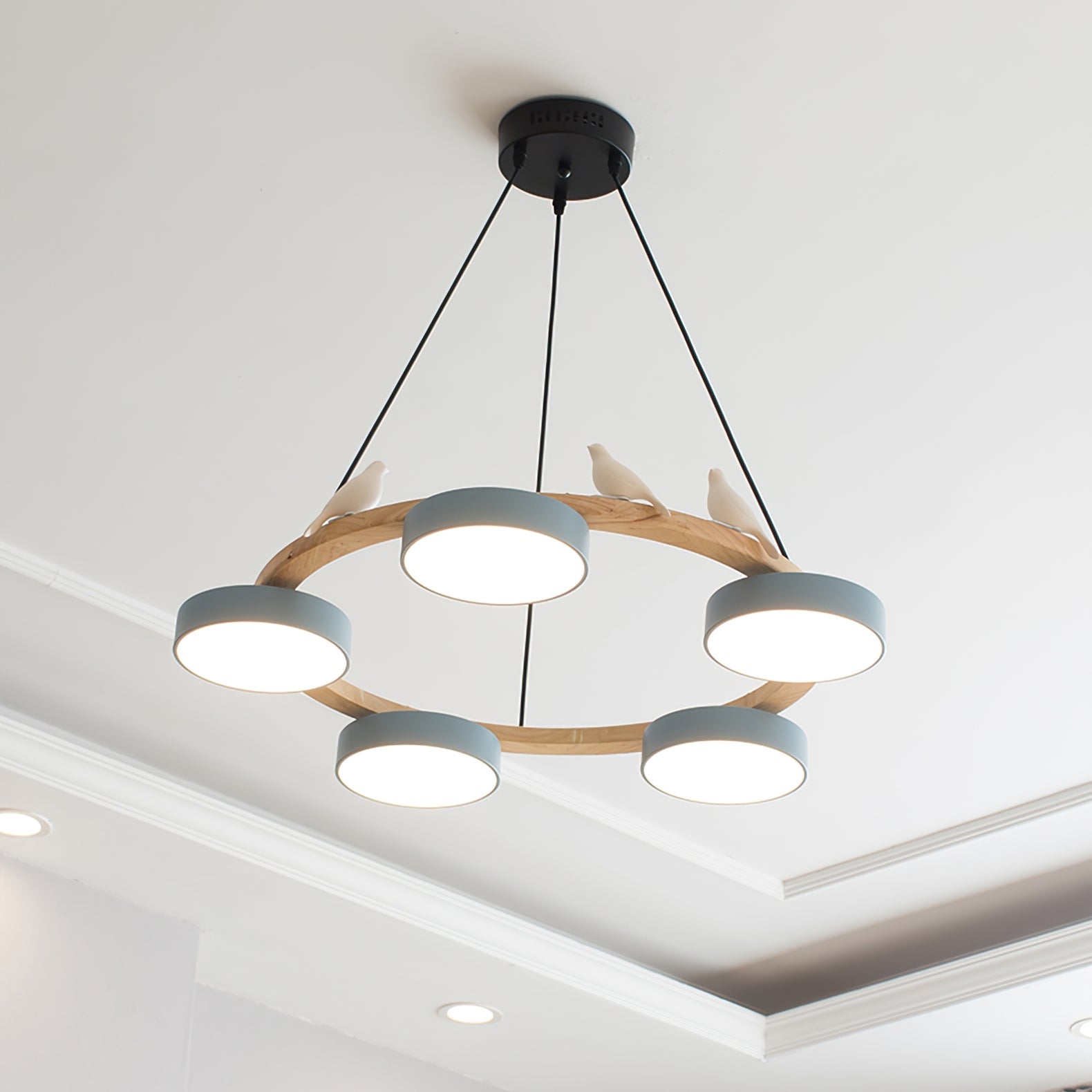 Nature-Inspired Bird Chandelier Round Wooden Frame with LED