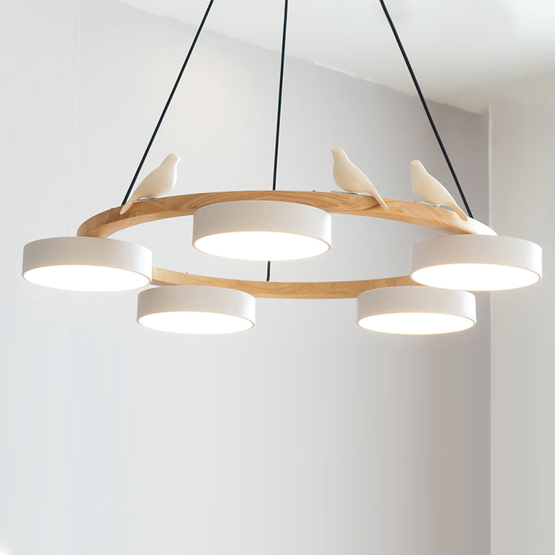 Nature-Inspired Bird Chandelier Round Wooden Frame with LED