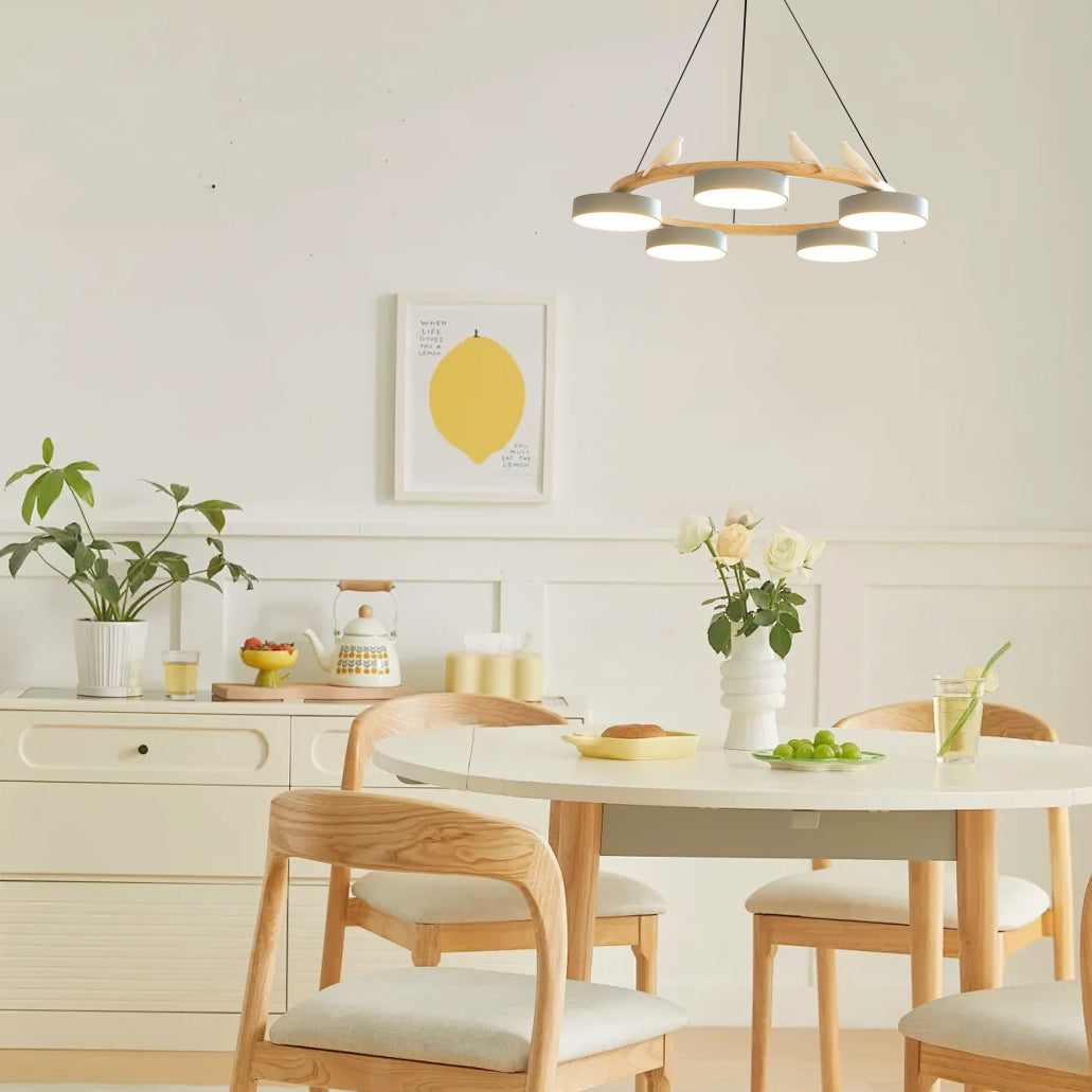 Nature-Inspired Bird Chandelier Round Wooden Frame with LED