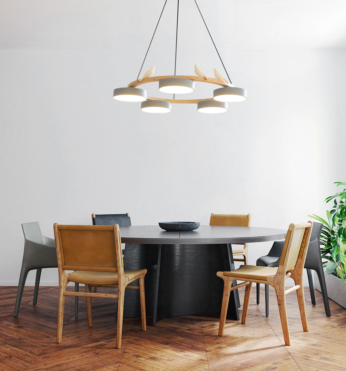 Nature-Inspired Bird Chandelier Round Wooden Frame with LED