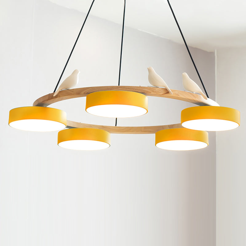 Nature-Inspired Bird Chandelier Round Wooden Frame with LED