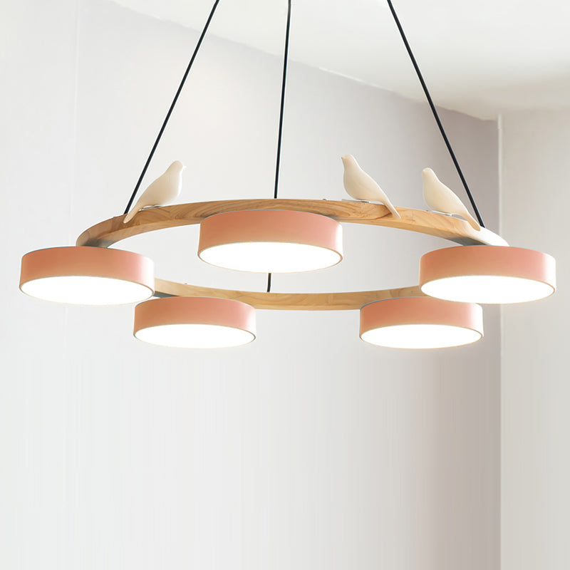 Nature-Inspired Bird Chandelier Round Wooden Frame with LED