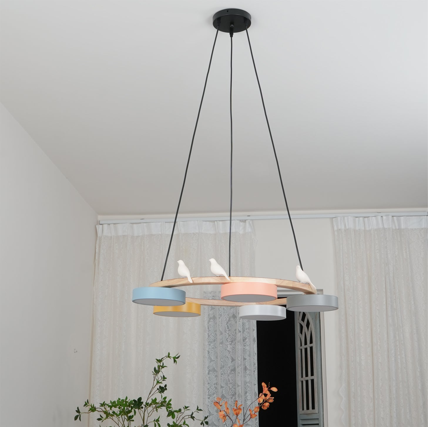 Nature-Inspired Bird Chandelier Round Wooden Frame with LED