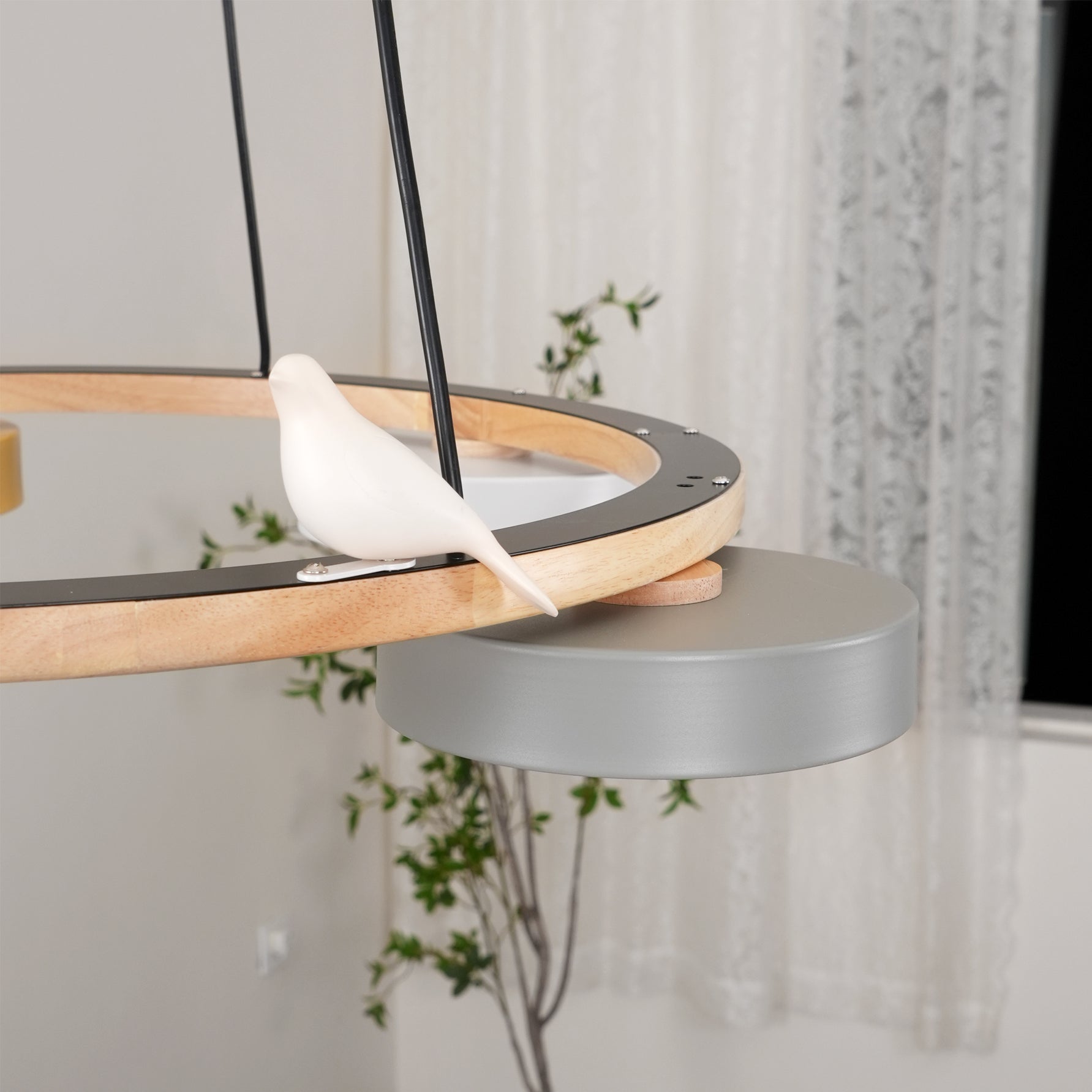 Nature-Inspired Bird Chandelier Round Wooden Frame with LED