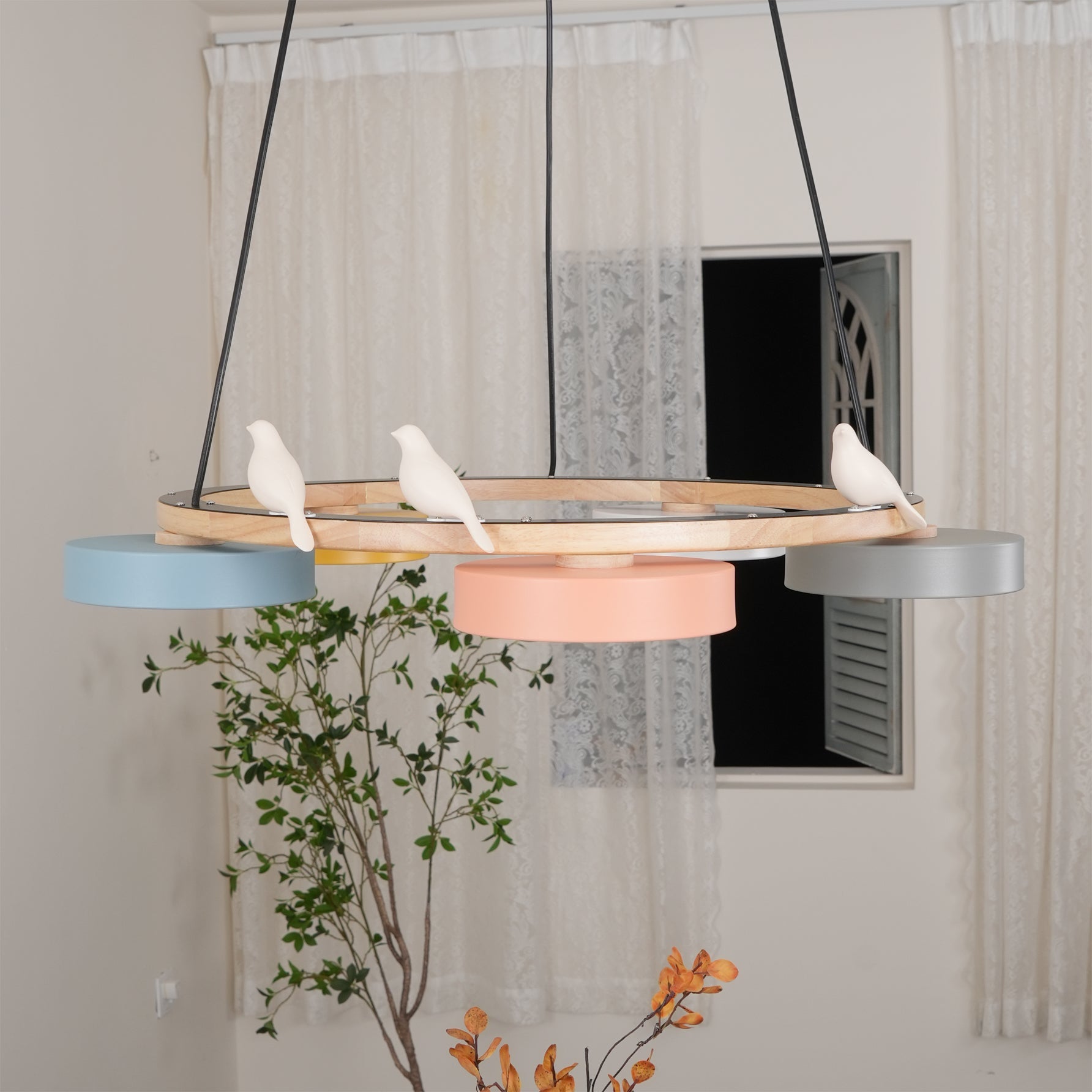 Nature-Inspired Bird Chandelier Round Wooden Frame with LED